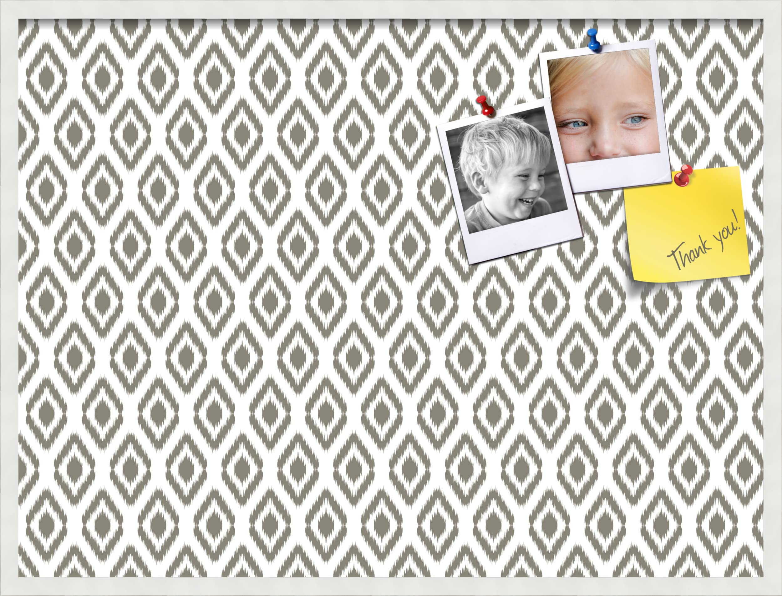PinPix 40x30 Inch Cork Bulletin Board with Ikat Pewter Design & Satin White Frame - Stylish Wall Organizer for Home Office Decor, School Classroom, Dorm Room & Workspace - Perfect for Notes, Photos & Reminders (PinPix-1635)