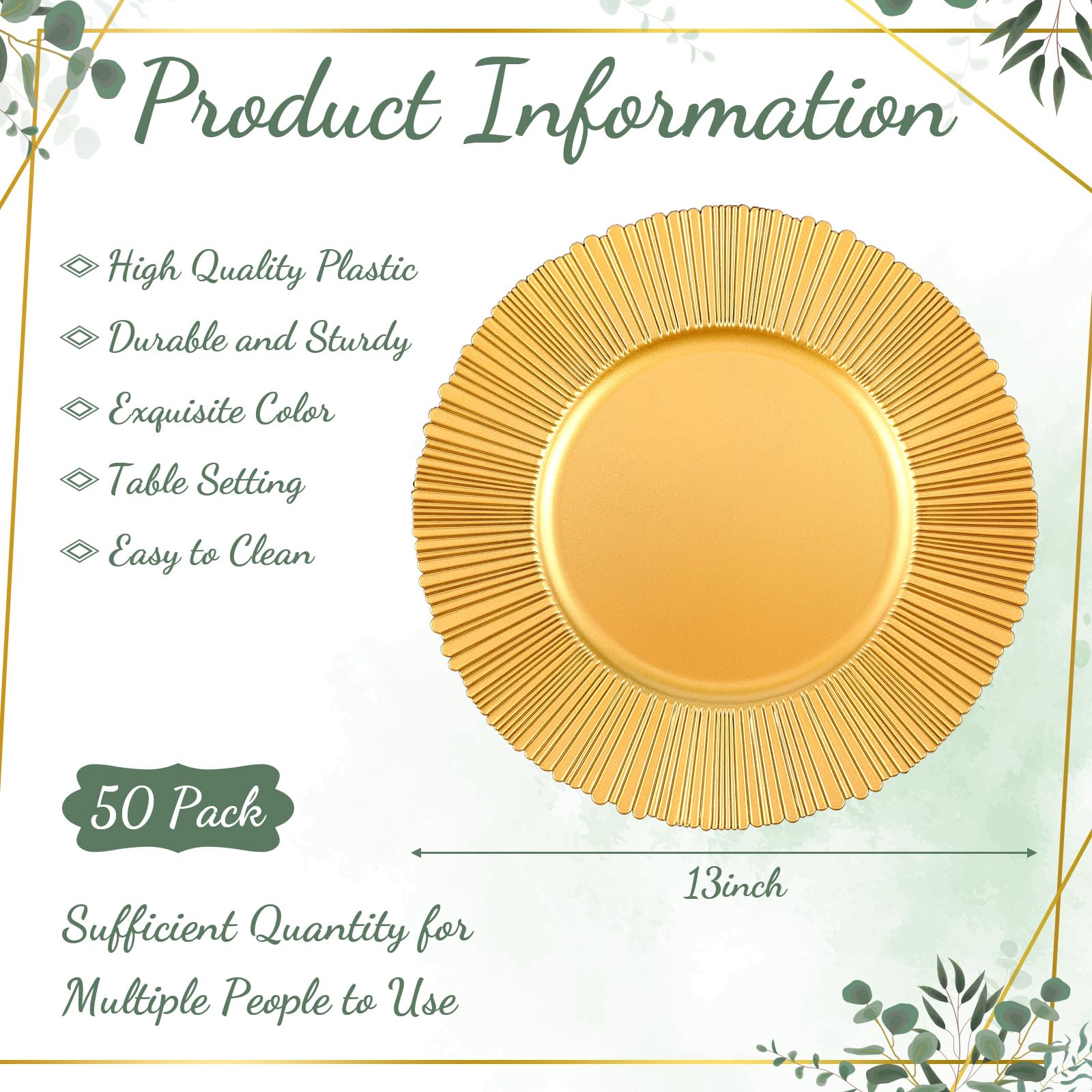 50 Pack 13 Inch Gold Plastic Charger Plates - Elegant Round Dinner Plates for Wedding, Party, Bridal Shower & Table Setting Decor - Bulk Disposable Chargers for Formal Events & Special Occasions