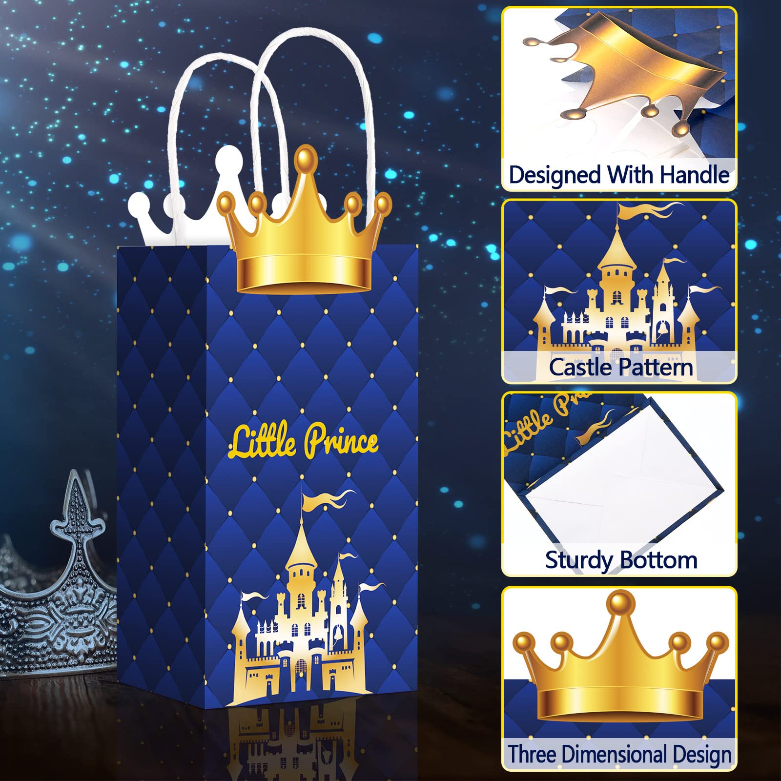 16 Pack Prince Party Favor Bags with Glitter Crowns & Handles - Kraft Paper Goodie Bags for Baby Showers, Birthdays, Royal Themed Parties - Perfect for Treats, Gifts & Party Supplies