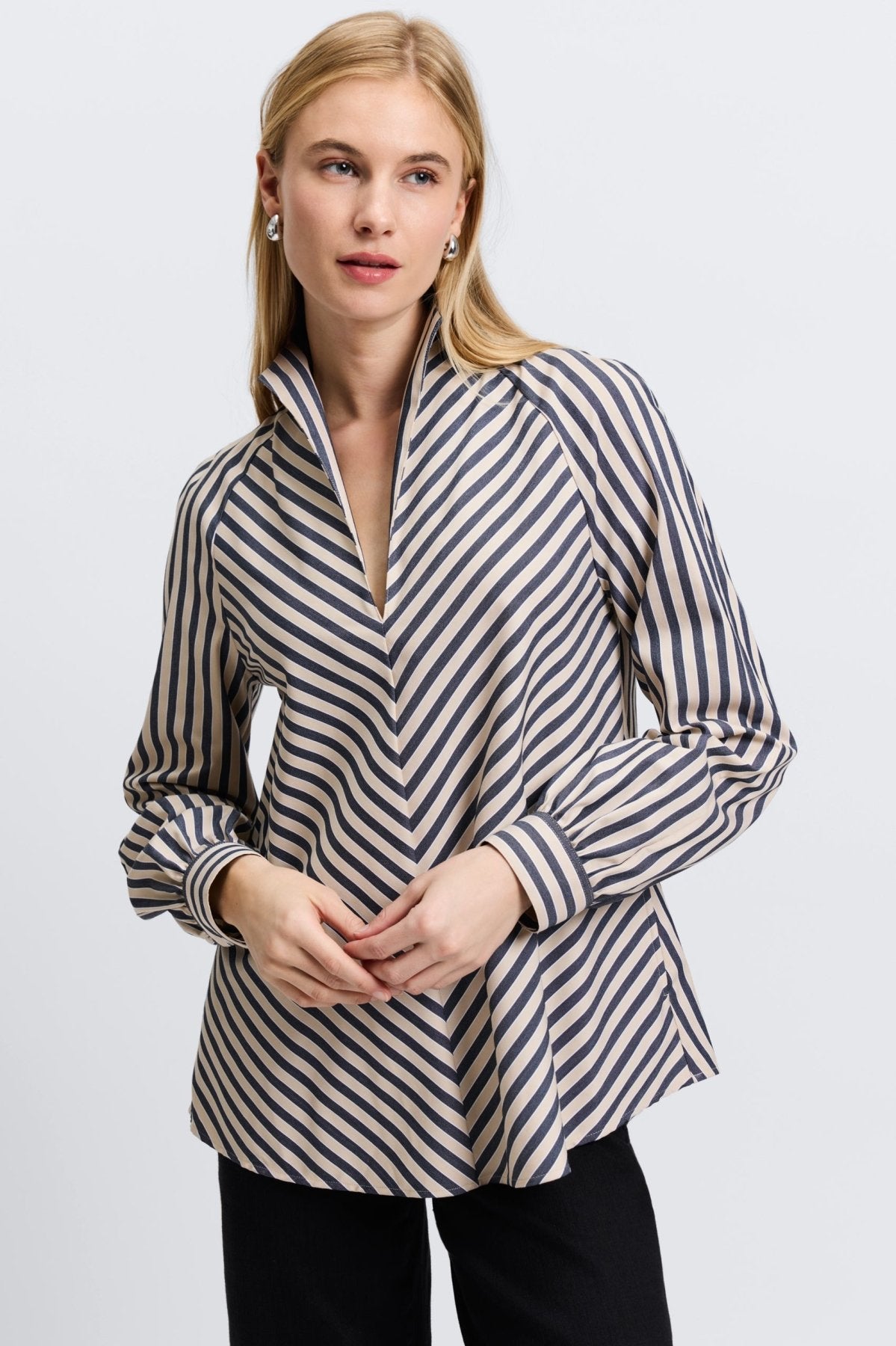 Daphne No Iron Stretch Striped Long Sleeve Popover Shirt for Women - Wrinkle-Free Comfortable Office & Casual Wear