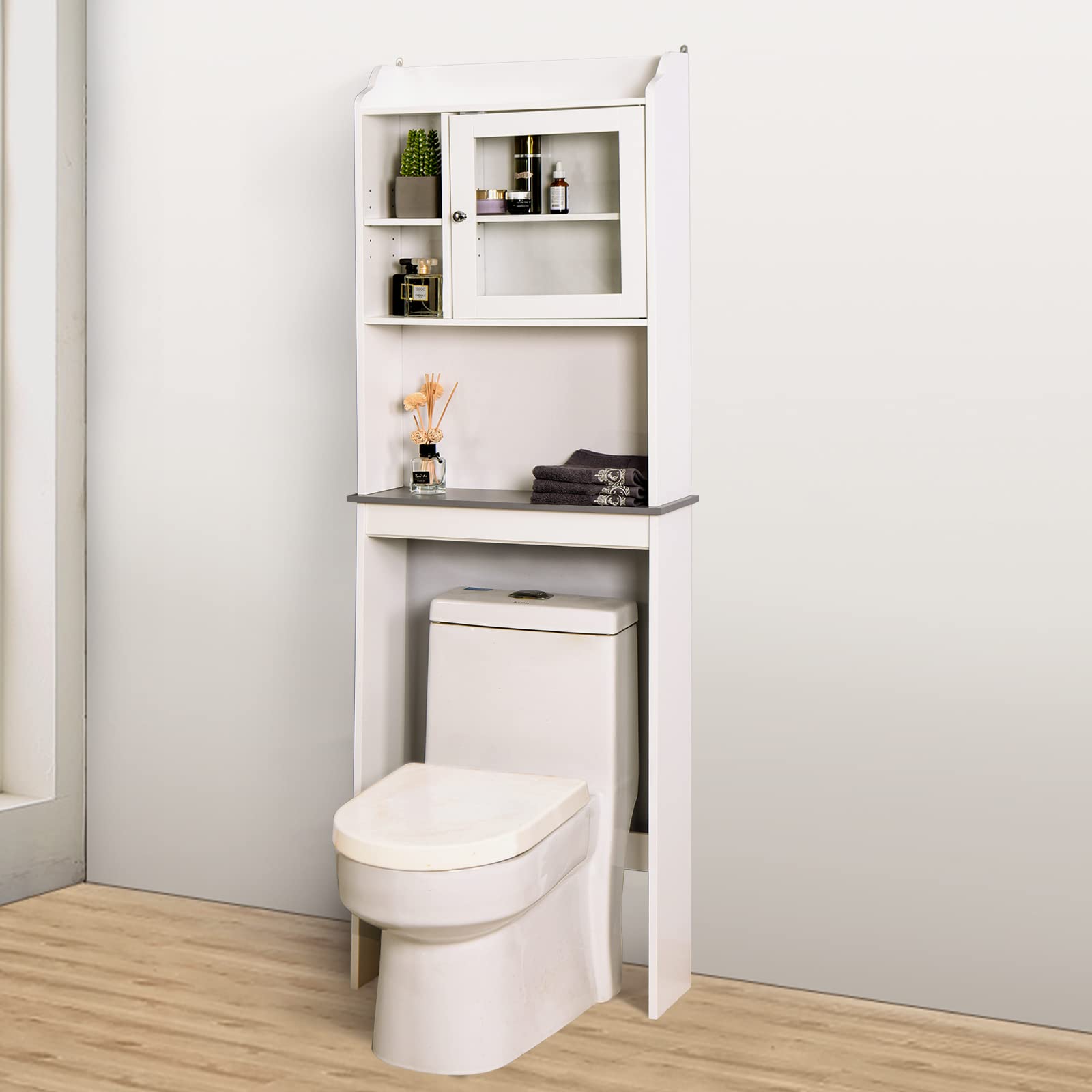 Over The Toilet Cabinet - Adjustable Shelf Bathroom Storage for Small Spaces - White