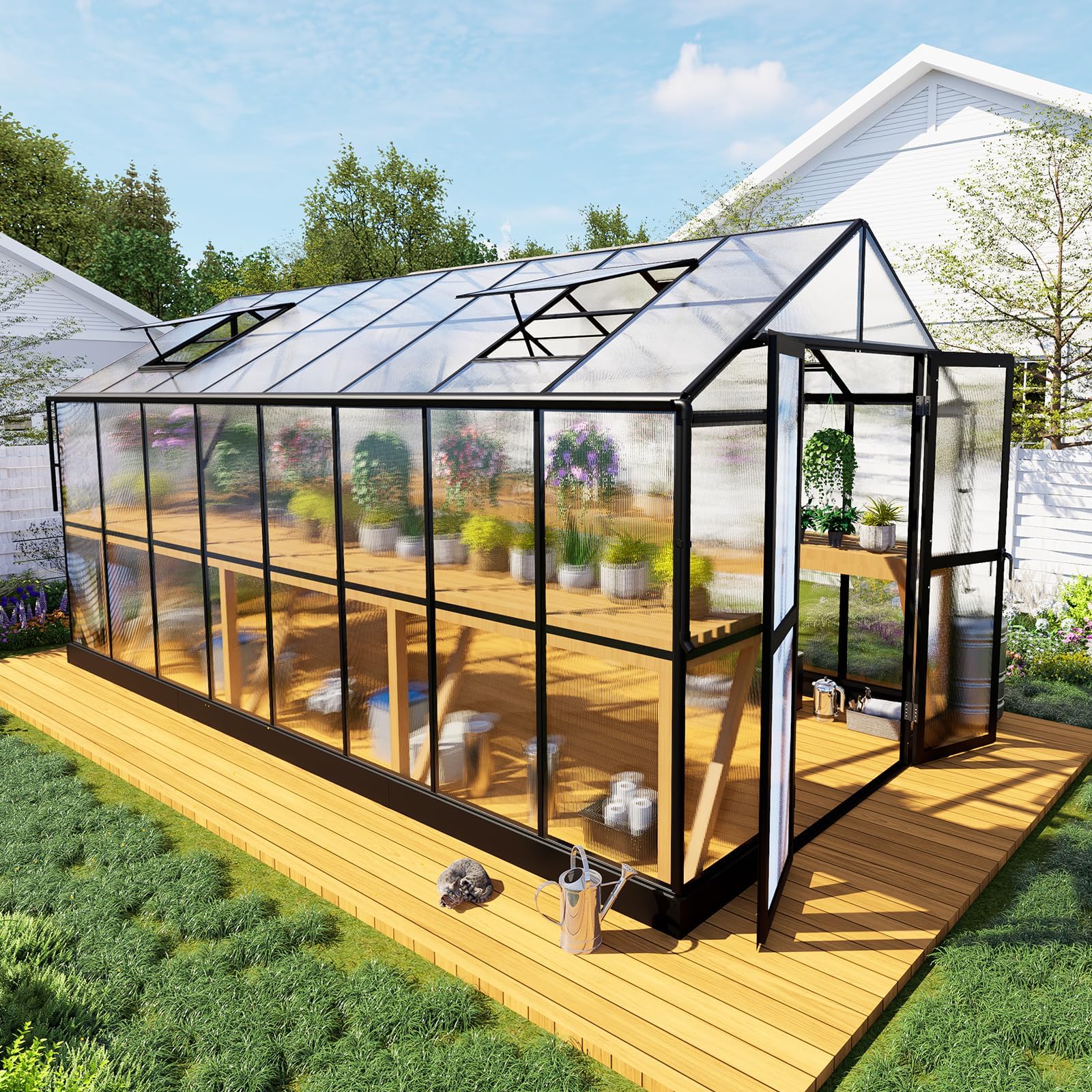 8x16x7.5 FT Polycarbonate Greenhouse with Double Swing Doors & 4 Vents - 5.2FT Tall Walk-in Aluminum Sunroom for Winter Gardening, Outdoor Plant Protection & Backyard Growing - Durable Black Greenhouse Kit for Vegetables, Flowers & Herbs