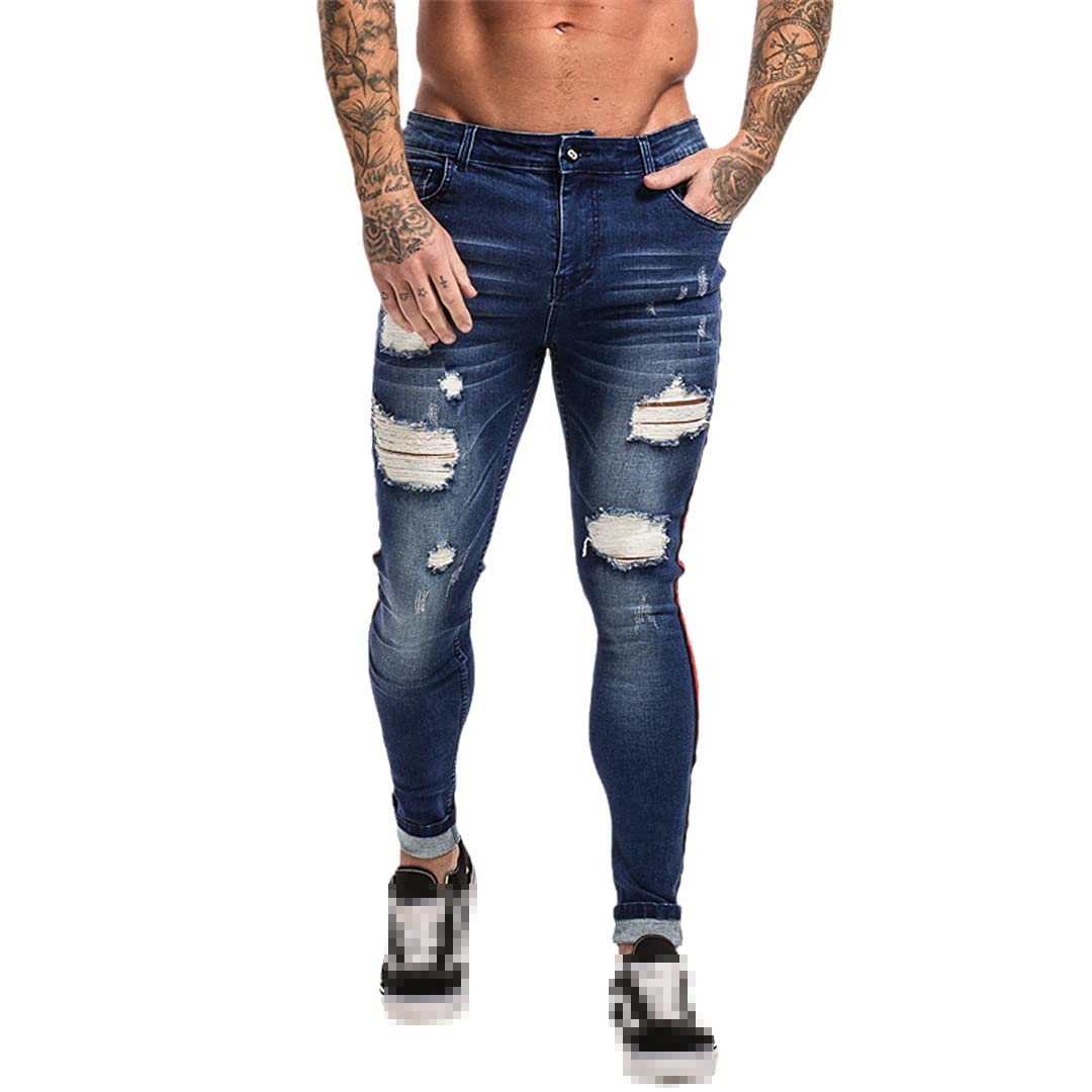 Men's Slim Fit Ripped Stretch Jeans for Big & Tall - Distressed Blue Denim Skinny Jeans with Elastic Waist | Perfect for Casual Wear, Night Out & Street Style Fashion