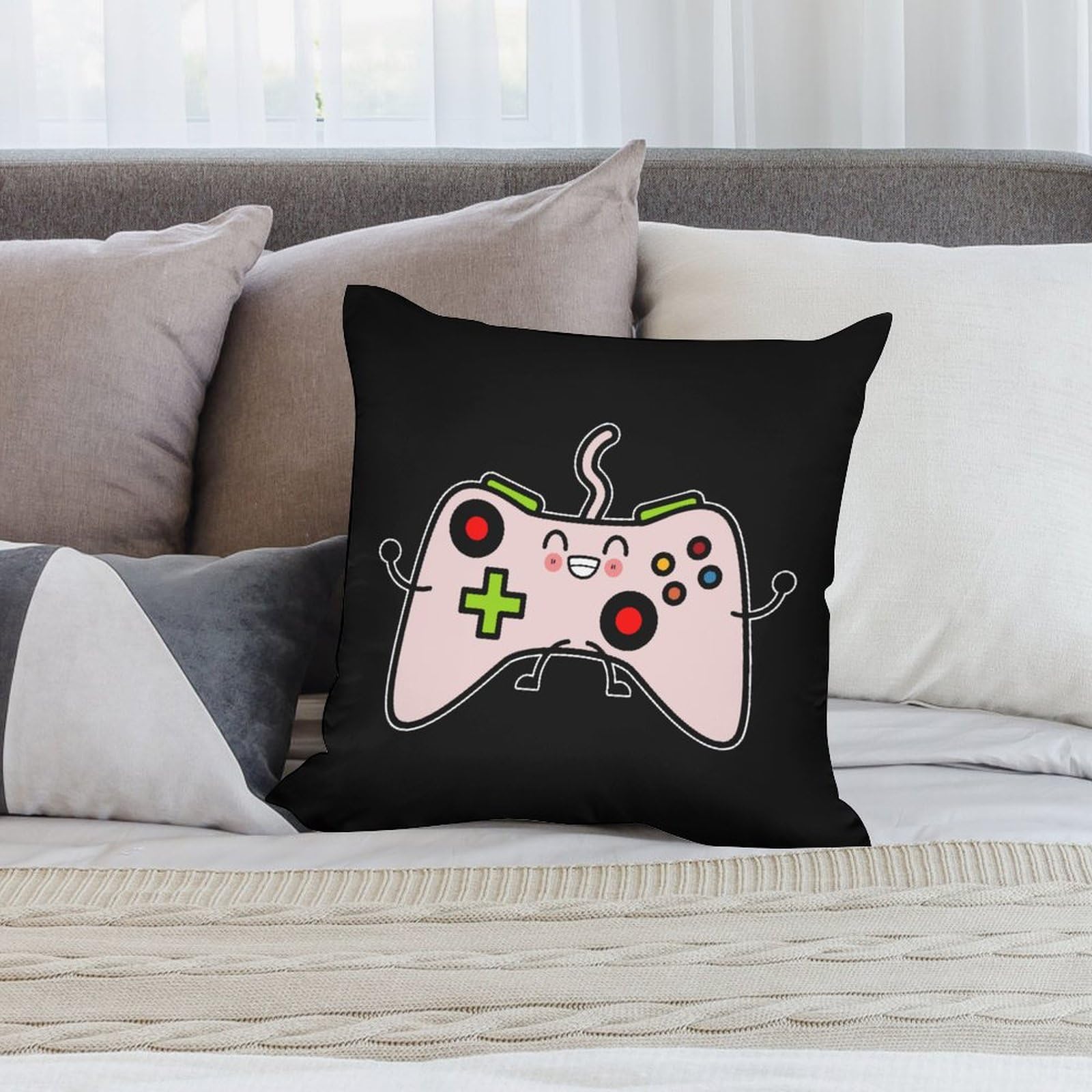 Soft 18x18 Inch Video Game Controller Polyester Pillow Cover - Breathable Cushion Case for Gaming Room, Bedroom & Sofa Decor - 1 Piece Washable Pillowcase for Gamers