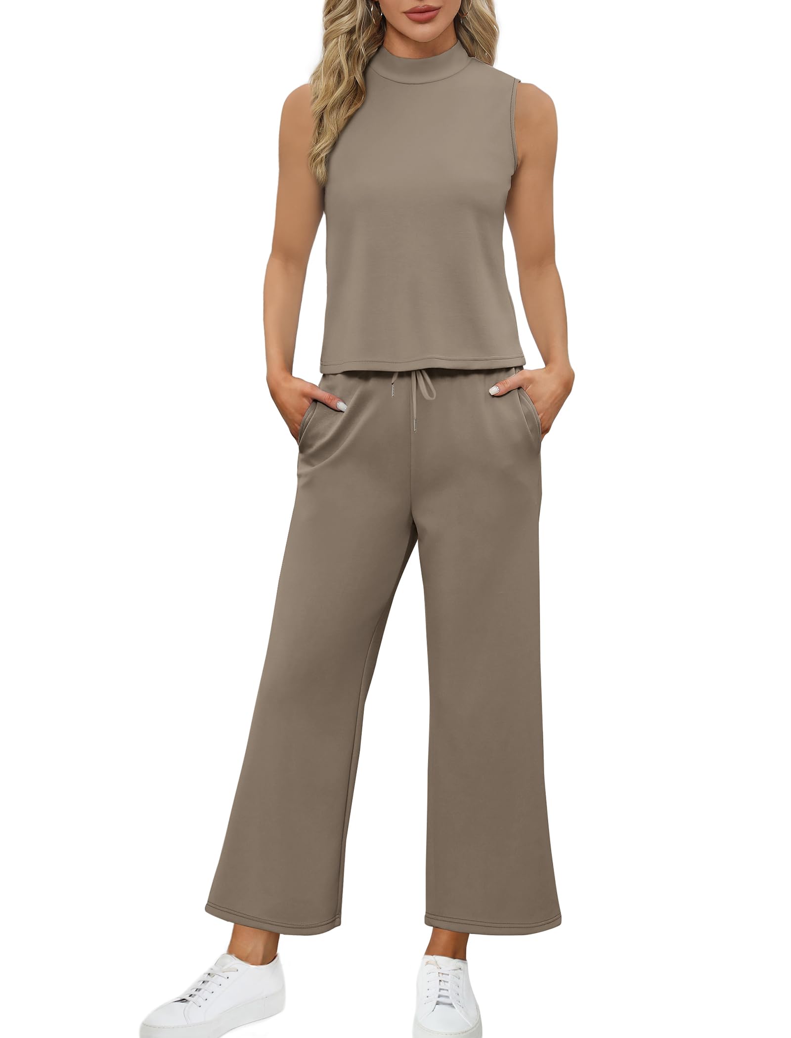 Stylish SAMPEEL Women's Two Piece Sets - Summer Lounge Outfits with Mock Neck Tops & Wide Leg Crop Pants | Perfect for Vacation, Travel & Casual Wear