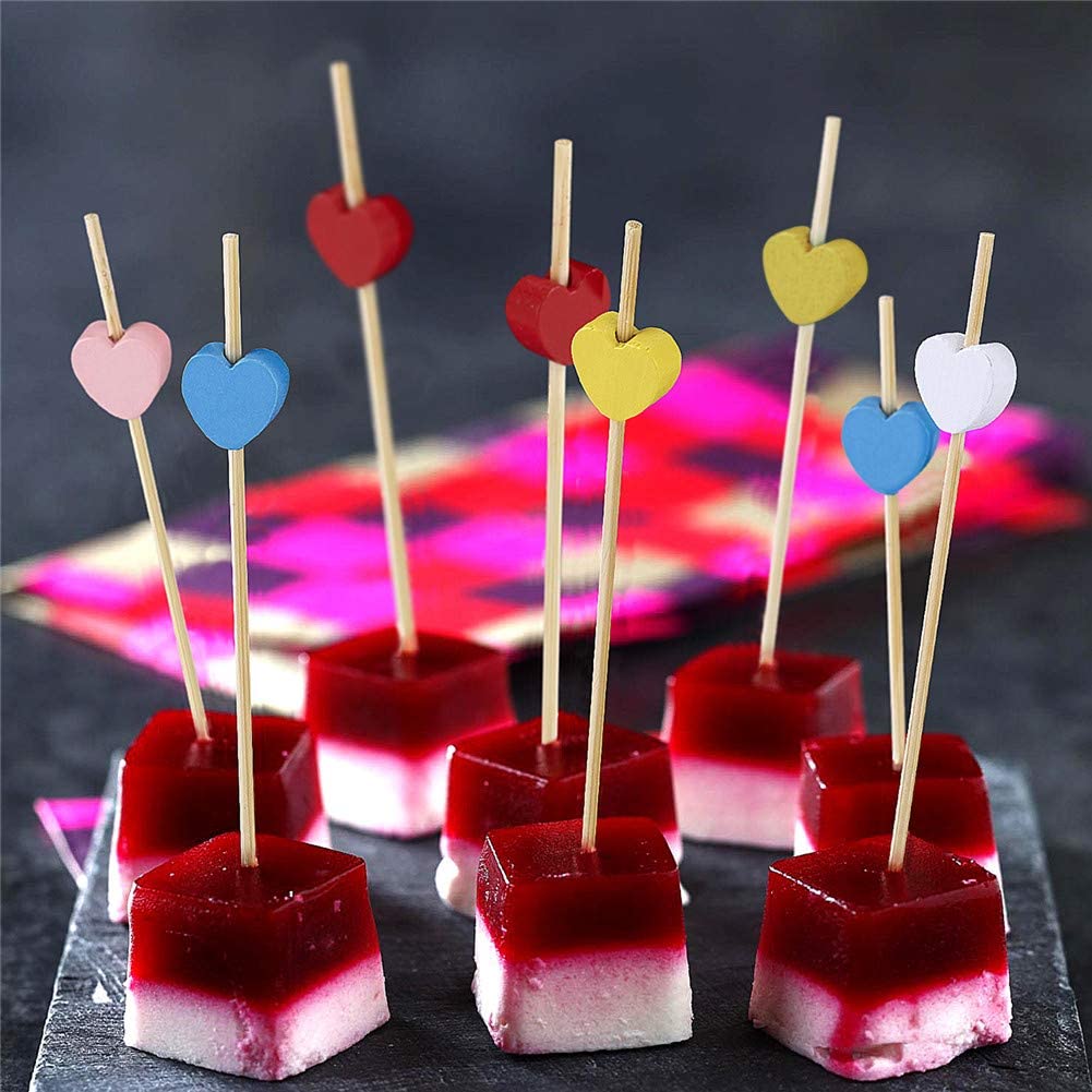 200-Pack 4.7 Inch Decorative Bamboo Toothpicks - Heart & Rose Designs for Appetizers, Cocktails, Cheese Plates & Party Decorations
