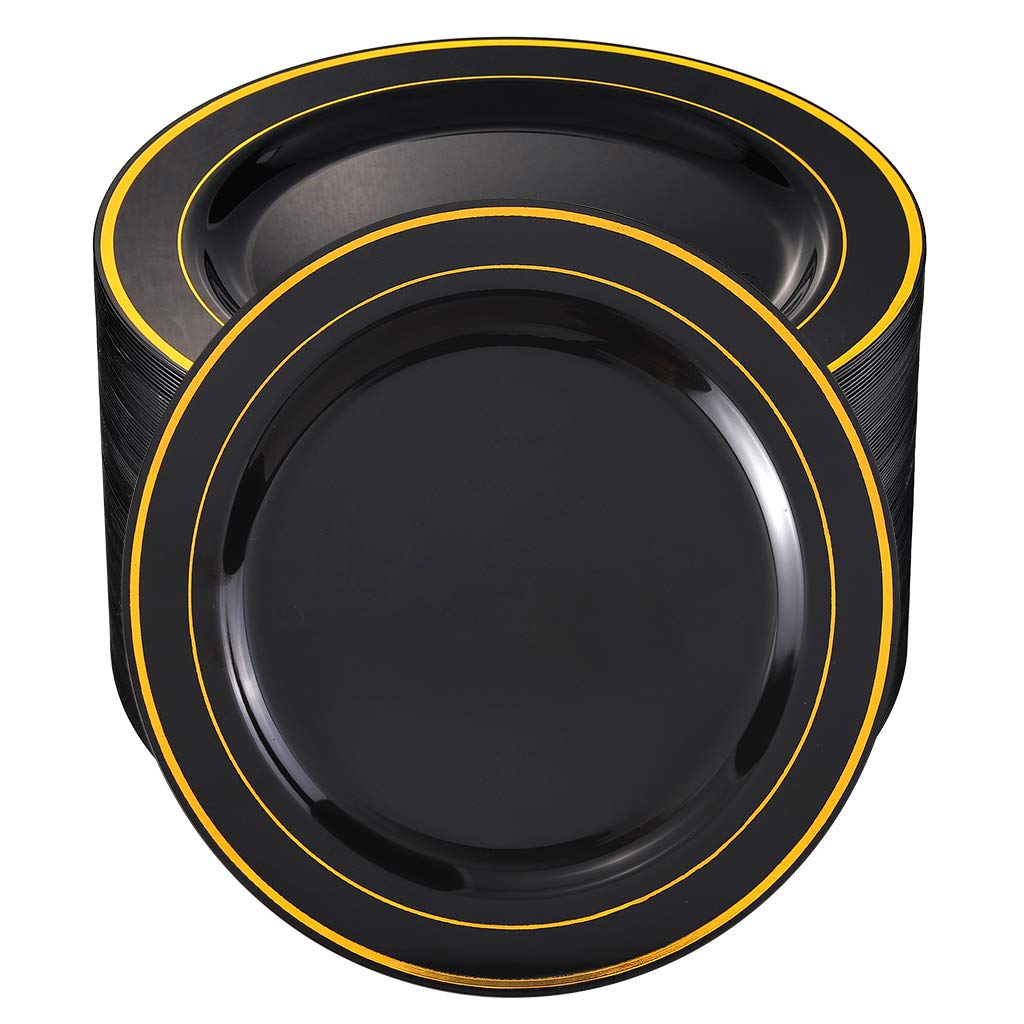 100-Pack Black Plastic Plates with Gold Trim - 10.25 Inch Elegant Disposable Dinner Plates for New Year, Wedding, Party & Holiday Celebrations - Perfect for Catering, Buffets, and Formal Events