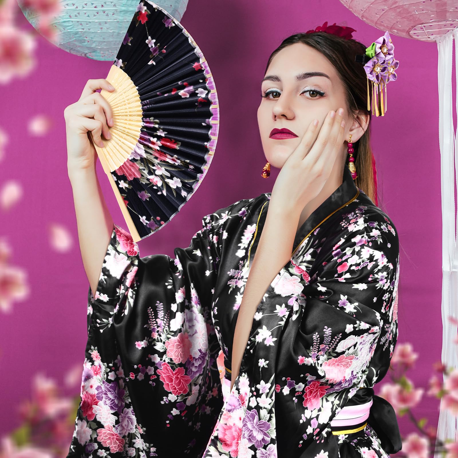 8 Pcs Japanese Kimono Costume Set for Women - Geisha Yukata with Obi Belt, Wooden Clogs, Parasol, Hair Stick & Folding Fans - Perfect for Cosplay, Halloween, Tea Ceremonies & Cultural Events
