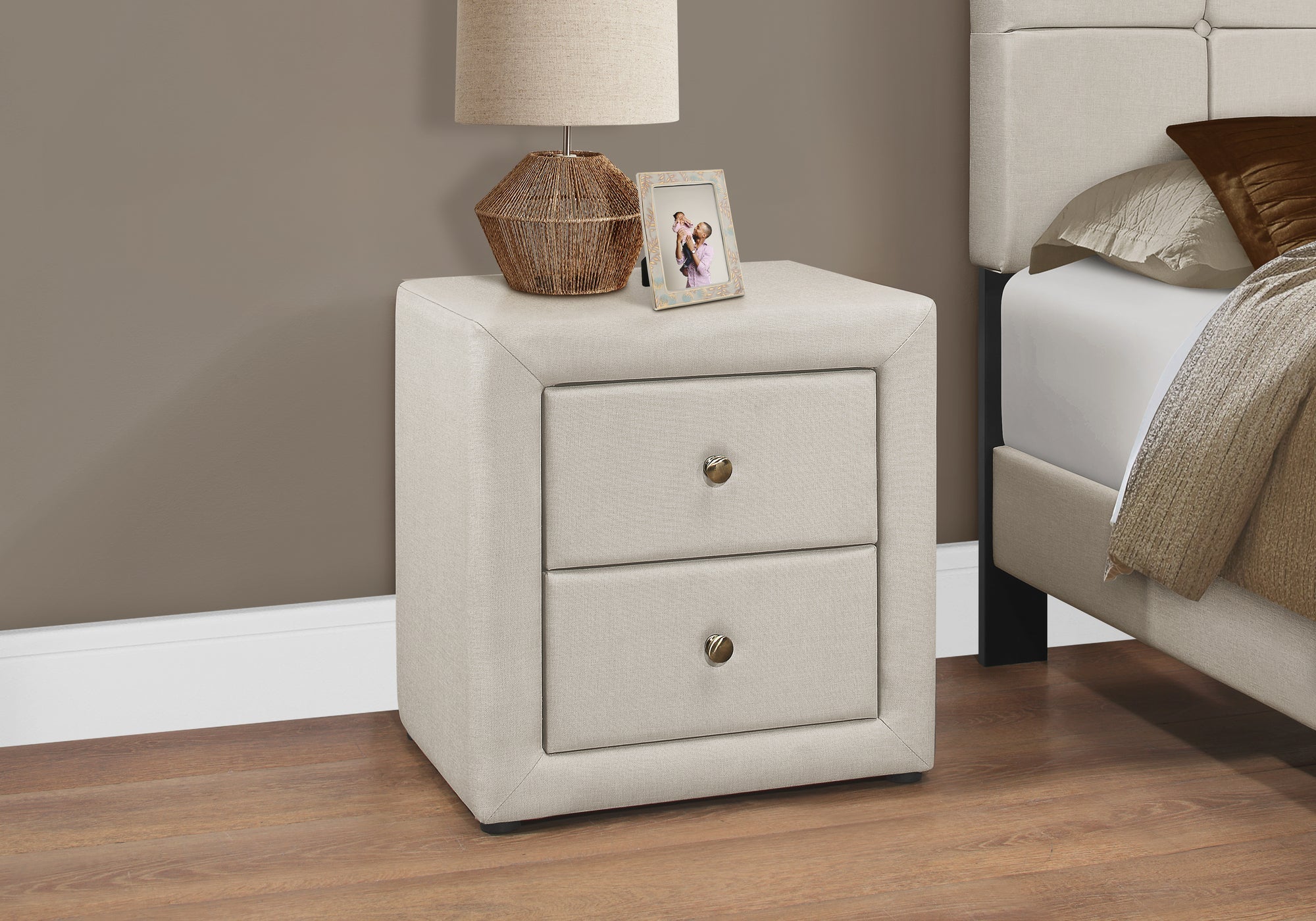 21H Beige Linen Nightstand - Modern Bedroom Side Table with Drawer, Sturdy Wooden End Table for Bedroom Decor, Perfect for Storing Books, Lamps & Bedroom Essentials