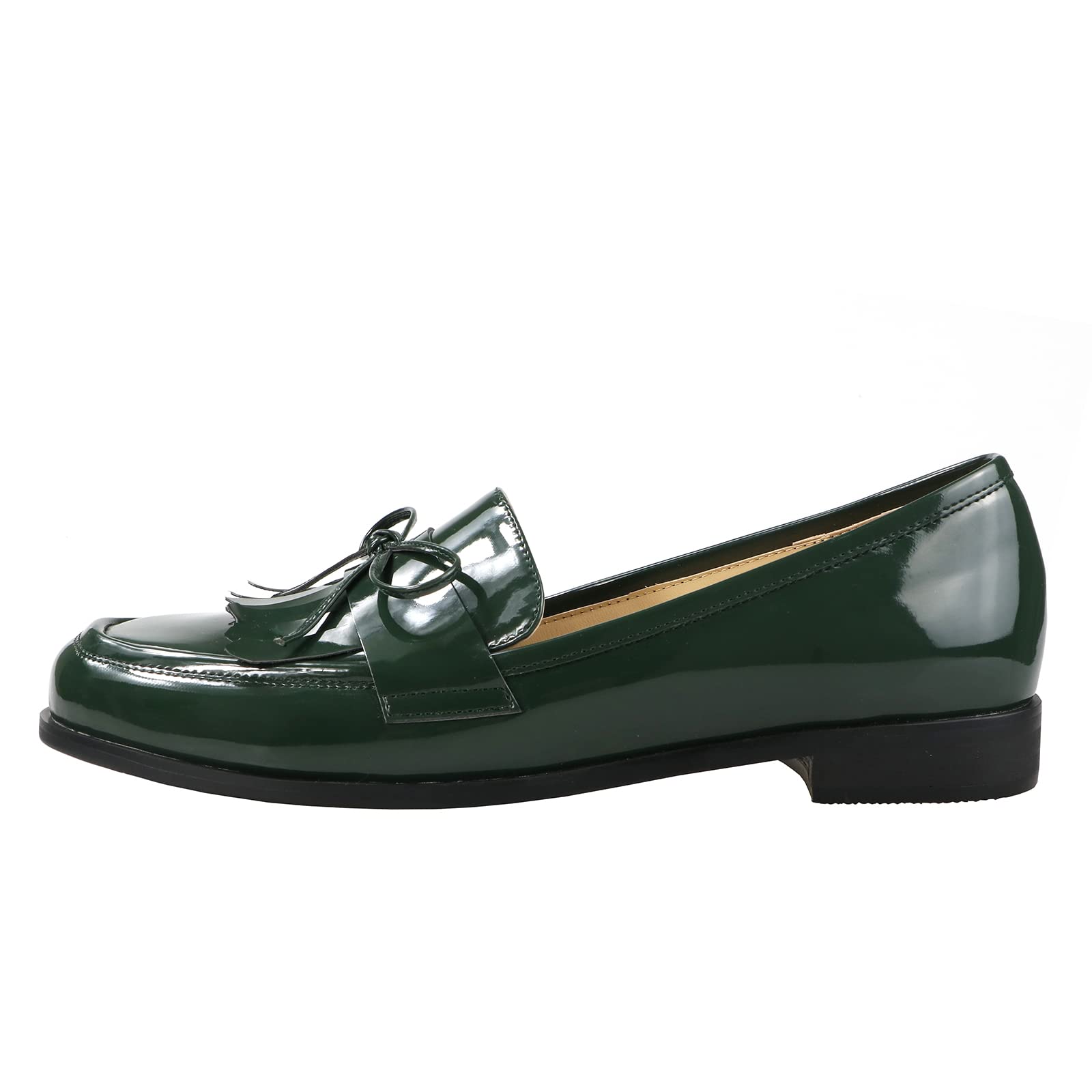 LEMUTISME Women's Slip-On Loafers - Patent Leather Bow-Knot Dress Flats with Tassel, Comfortable Casual Shoes, Round Toe, Size 9 (Green) - Perfect for Office, Parties & Everyday Wear