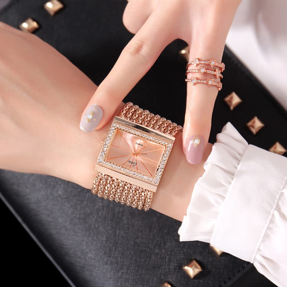 Gosasa Elegant Women's Watches - Fashion Tassel Bracelet Watch with Golden Diamond Accents, Square Face Quartz Watch for Women, Stainless Steel Wide Chain Band | Perfect for Office, Party & Everyday Wear