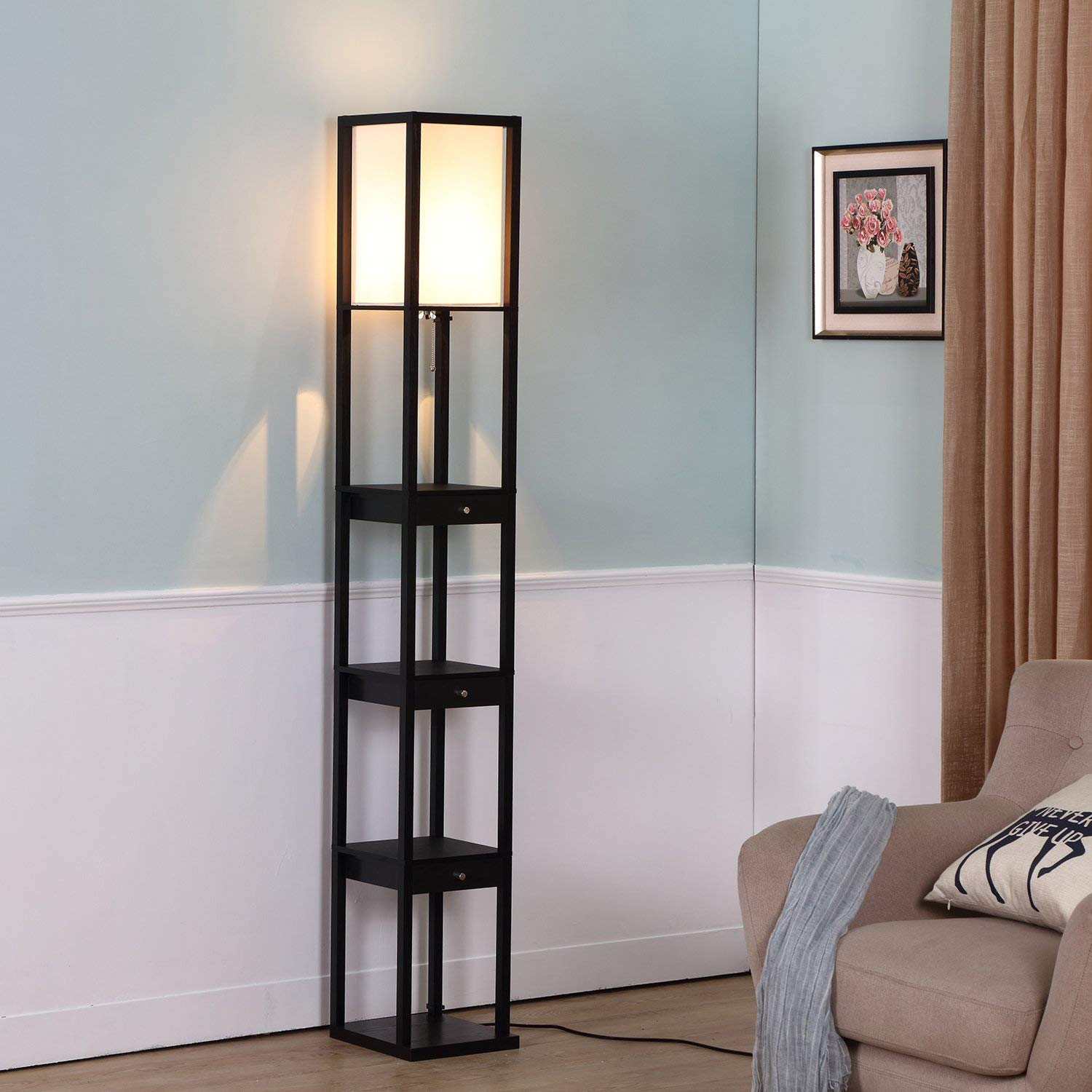 Brightech Maxwell Modern LED Floor & Table Lamp Set of 2 with USB Port & Storage Drawers - Wood Frame Bedside Lamp with Soft Ambient Lighting for Bedroom, Living Room & Office - Black Nightstand Lamp for Reading & Relaxation