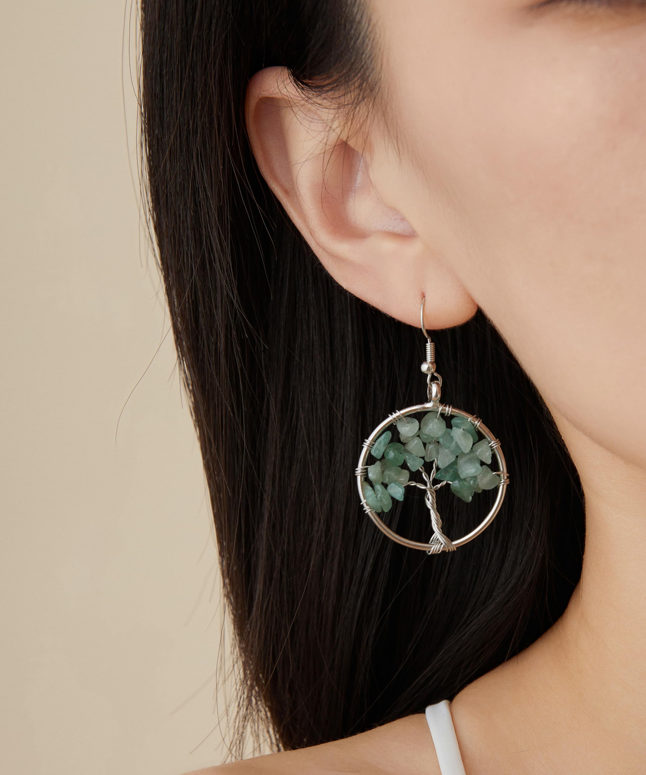 Tree of Life Hoop Earrings - Green Jade Dangle Drop Earrings for Women | Graduation Gift, Teacher Appreciation, Back to School Present | Boho Jewelry for Everyday Wear & Special Occasions