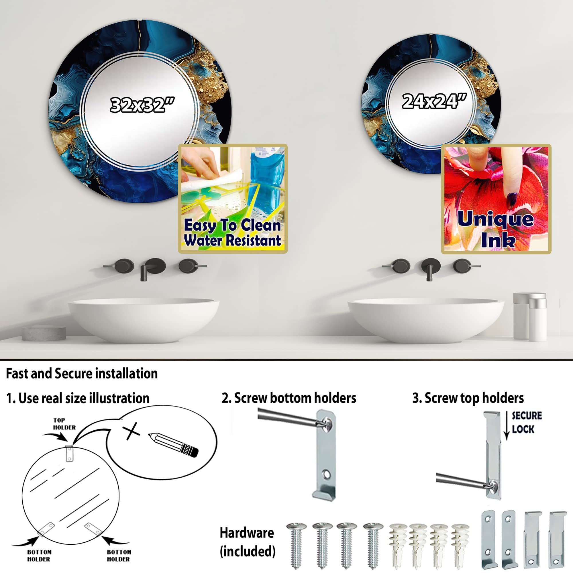DesignQ Abstract Marble Wall Mirror - 24 Inch Oval & Round Modern Bathroom Vanity Mirror with Golden Azure Geode Marble Print - Elegant Home Decor for Bathroom, Bedroom & Living Room