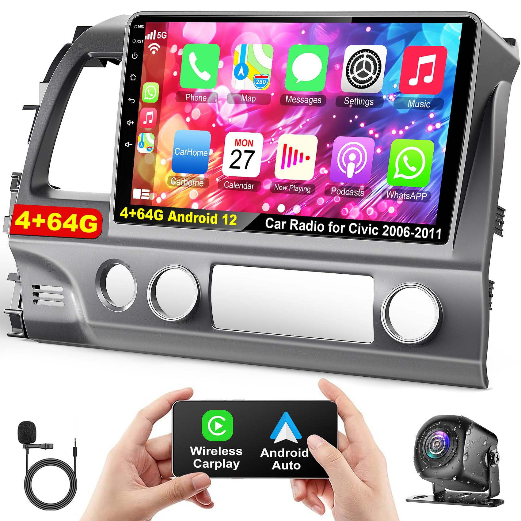 10.1 Inch IPS Touch Screen Car Stereo for Honda Civic 2006-2011 - 4G+64G Android Auto & Wireless CarPlay GPS Navigation System with Bluetooth 5.2/FM/Backup Camera/WiFi/SWC/HiFi - Perfect for Commuting, Road Trips & Hands-Free Driving