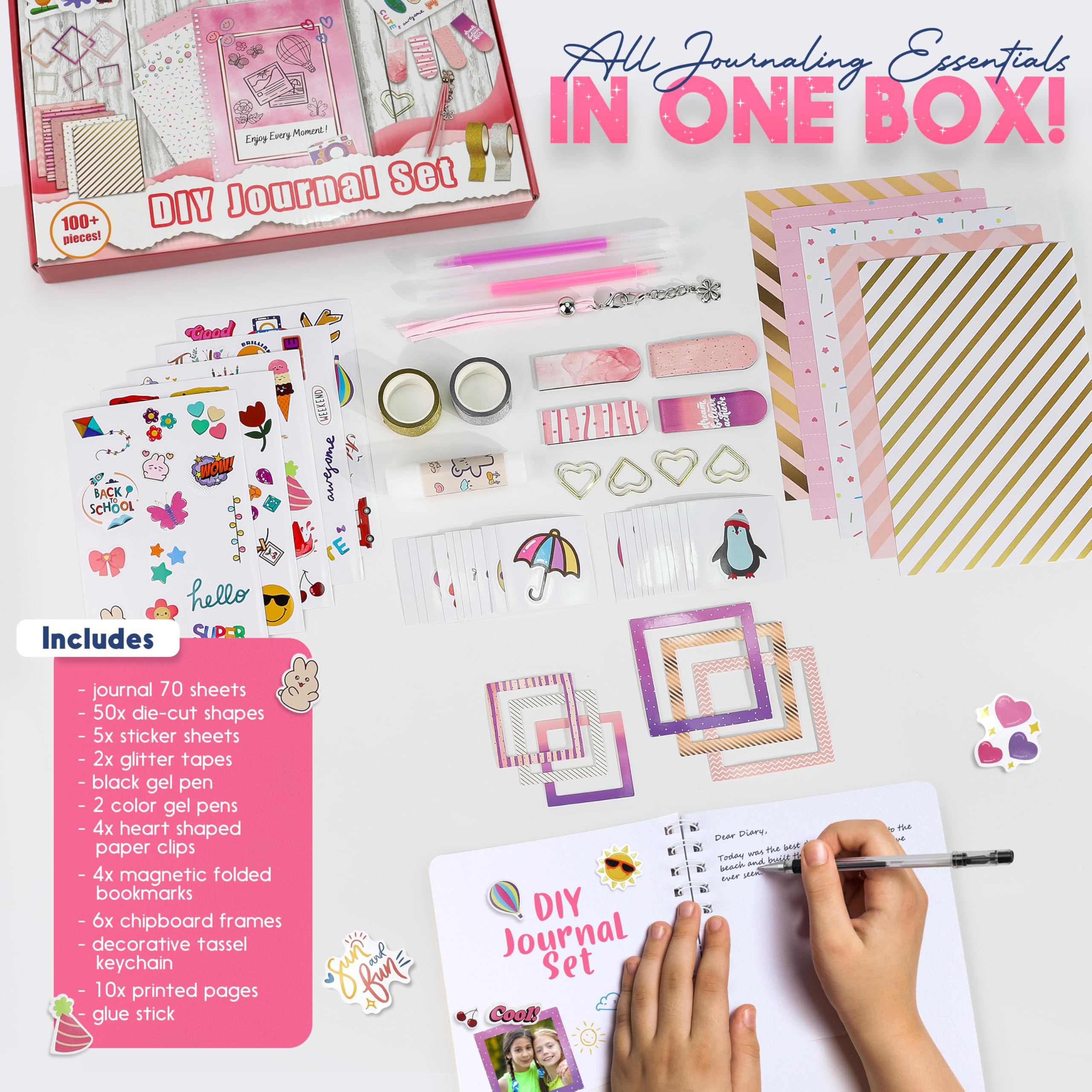 FINcredible DIY Journal Kit for Girls - 100 Pcs Creative Scrapbooking Supplies for Teens & Tweens - Trendy Birthday & Christmas Gift for Girls Age 6-14 - Perfect for School Projects, Memory Keeping & Creative Expression