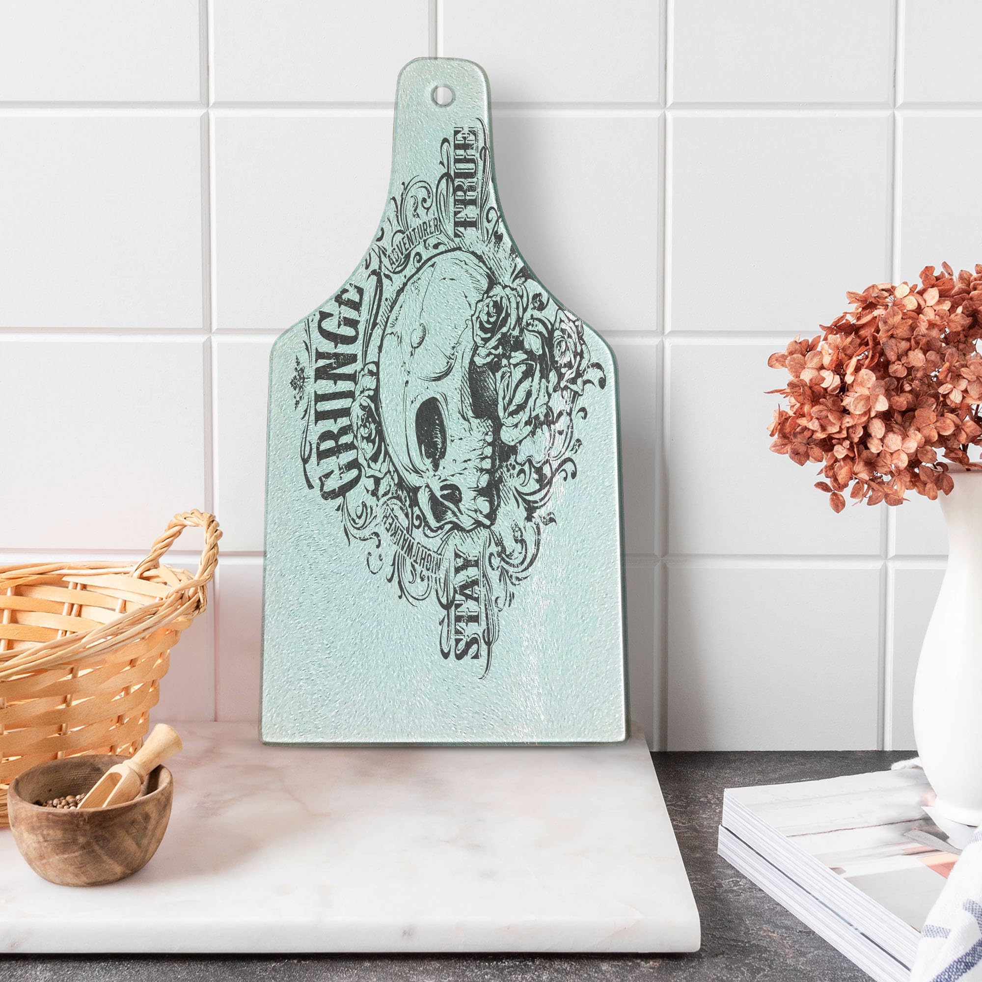 Ambesonne Vintage Grunge Cutting Board - Skull & Rose Art, Monochrome Tattoo Style, Black & White Tempered Glass Serving Board (Wine Bottle Shape) - Perfect for Kitchen Decor, Charcuterie Serving & Wine Pairing Parties