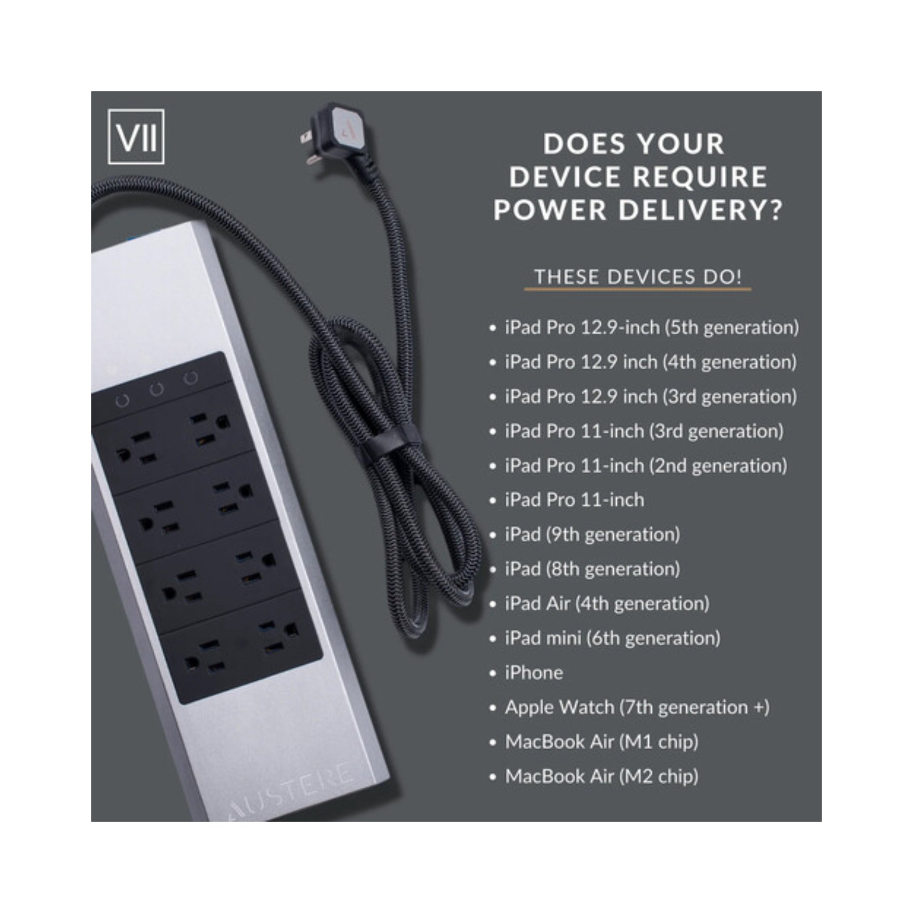 Austere VII Series Power Strip with 8 Outlets, Omniport USB & PD Charging - Perfect for Home, Office, and Travel Use