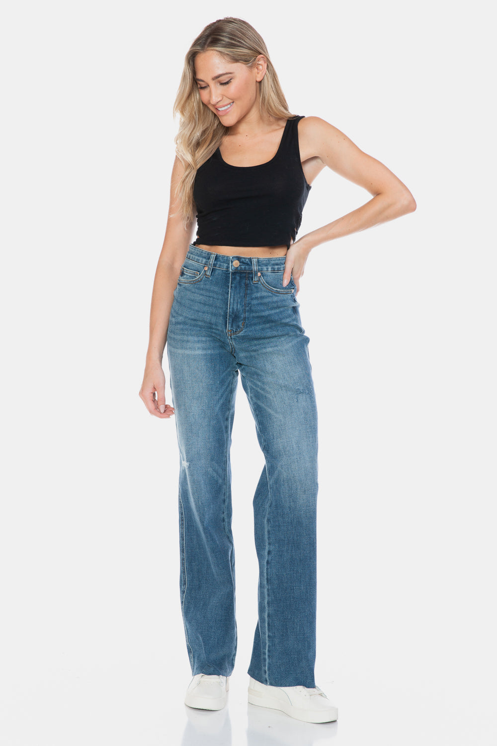 Judy Blue Women's High Waisted Tummy Control Straight Leg Jeans with Raw Hem - Comfortable Stretch Denim for Everyday Wear, Work & Casual Outings