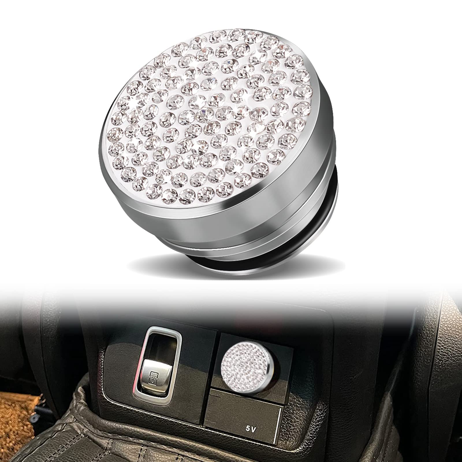 12V Crystal Bling Car Cigarette Lighter Plug Cover - Aluminum Dustproof Automotive Accessory with Decorative Button for Most Vehicles (White) | Perfect for Interior Decoration & Protecting Lighter Port from Dust