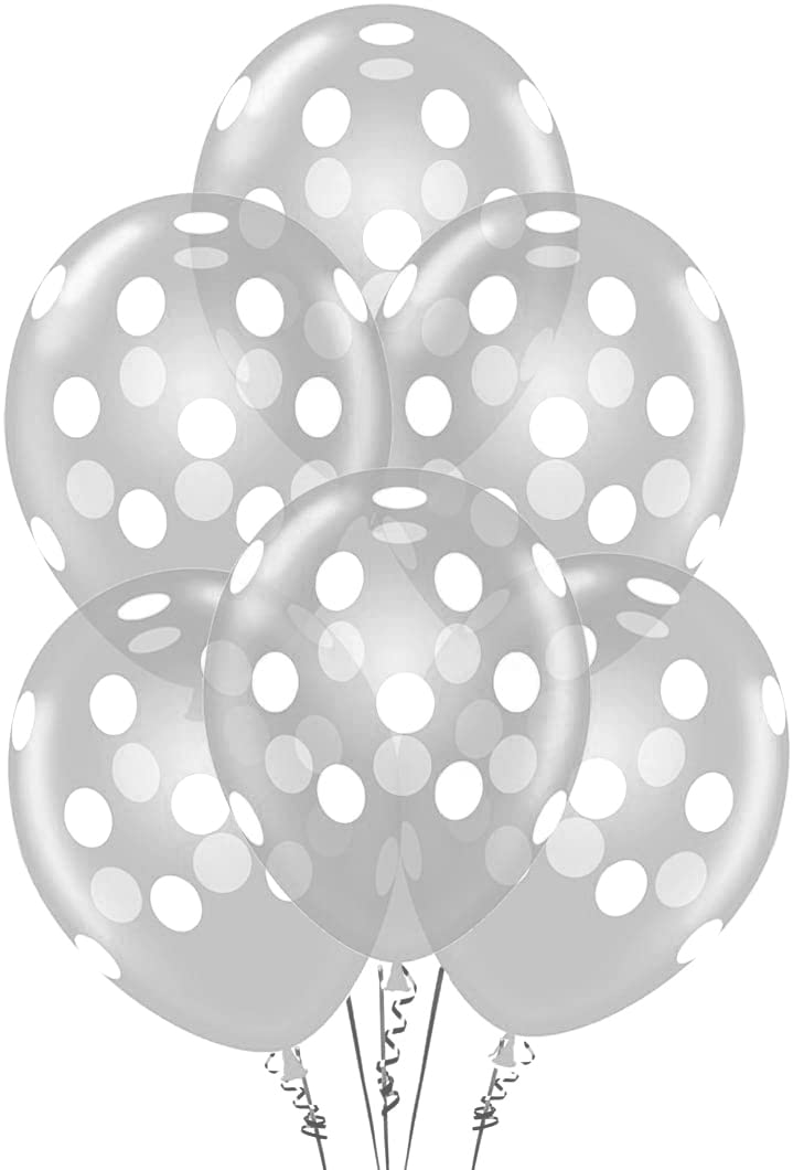 PMU Polka Dot Balloons 12 Inch - 100 Pack Clear Balloons with White Dots for Birthday Parties, Baby Showers & Wedding Decorations