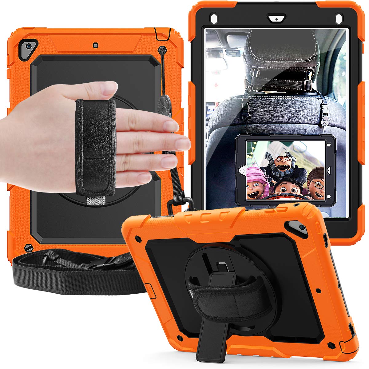 Shockproof Heavy Duty Rugged Case for iPad 9.7 inch (2018/2017) & iPad Air 2 - Built-in Screen Protector, Silicone Cover with Pencil Holder & Adjustable Stand (Compatible with iPad Pro 9.7/iPad 6th/5th Gen) - Orange | Perfect for Work, Travel & Outdoor Adventures