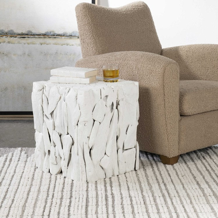 Natural Teak Root Accent Table - 17 x 19 Inch White Wooden Side Table | Perfect for Living Room, Bedroom, or Office Decor