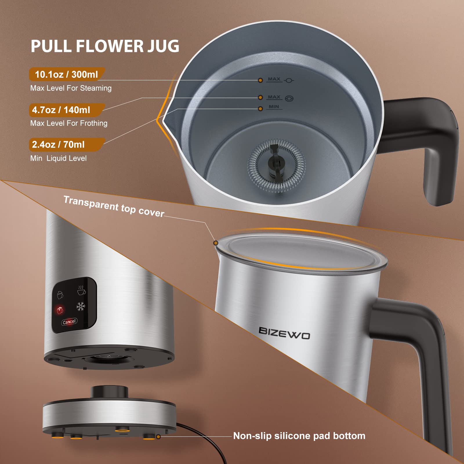 BIZEWO 4-in-1 Electric Milk Frother with Touch Screen - Warm & Cold Milk Steamer for Coffee, Latte, Cappuccino - Stainless Steel Automatic Milk Warmer - Perfect for Home, Office & Coffee Shops (Hot Chocolate, Macchiato)