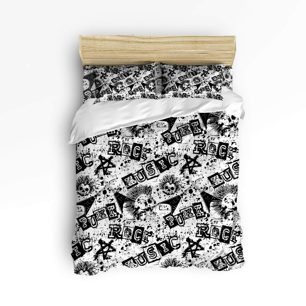 Pink Sky 4-Piece Punk Rock Skull Duvet Cover Set - Twin Size Bedding Set with 1 Comforter Cover, 1 Fitted Sheet & 2 Pillowcases | Edgy Gothic Bedroom Decor for Teens & Adults | Perfect for Punk Rock Themed Rooms & Alternative Style Homes