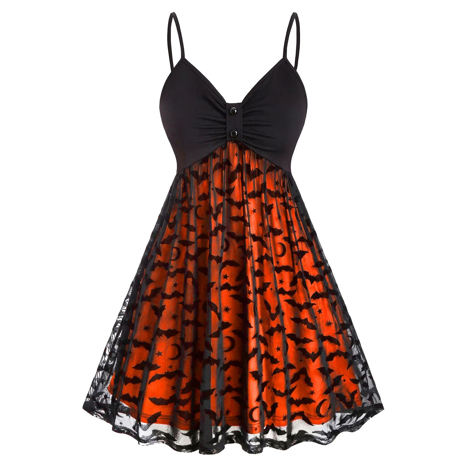 Gothic Mini Dress for Women - Bat Print Lace Mesh Camisole with Spaghetti Straps | Sexy Halloween Party Dress | Perfect for Costume Parties, Nightclubs & Gothic Fashion