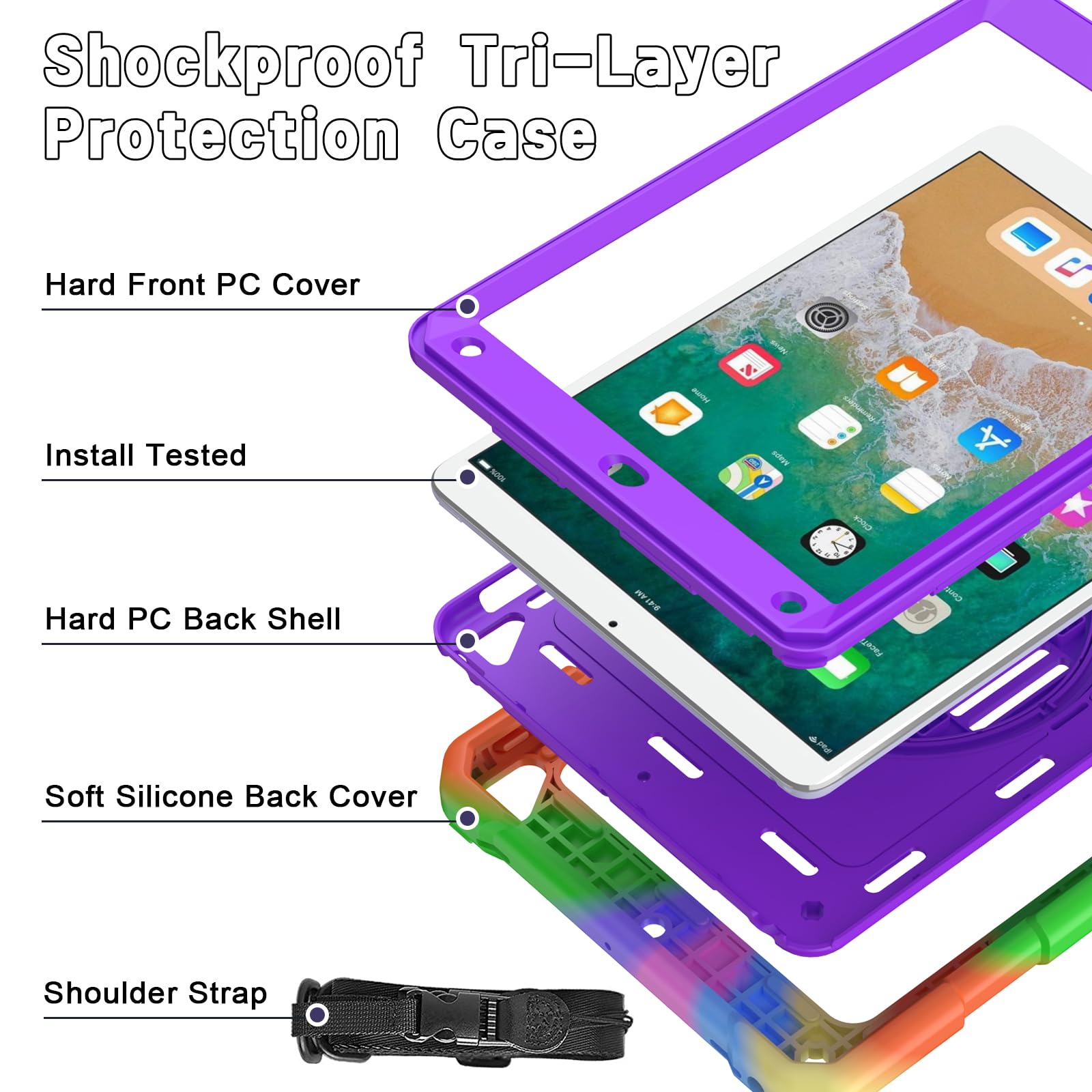 LTROP Shockproof iPad Case for 6th/5th Gen & iPad Air 2 (9.7 inch) - Kids Protective Cover with 360° Rotating Stand, Pencil Holder & Hand Strap (Purple) | Perfect for School, Travel & Home Use