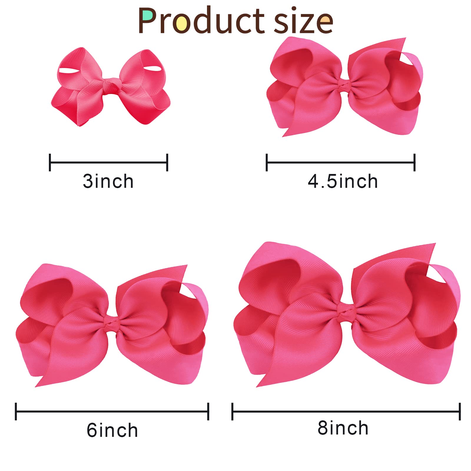 Oaoleer 8PCS Girls Hair Bows Set - Hot Pink Grosgrain Ribbon Alligator Clip Hair Accessories for Toddlers & Kids (3/4.5/6/8 Inch) - Perfect for Birthday Parties, School, Photo Shoots & Daily Wear