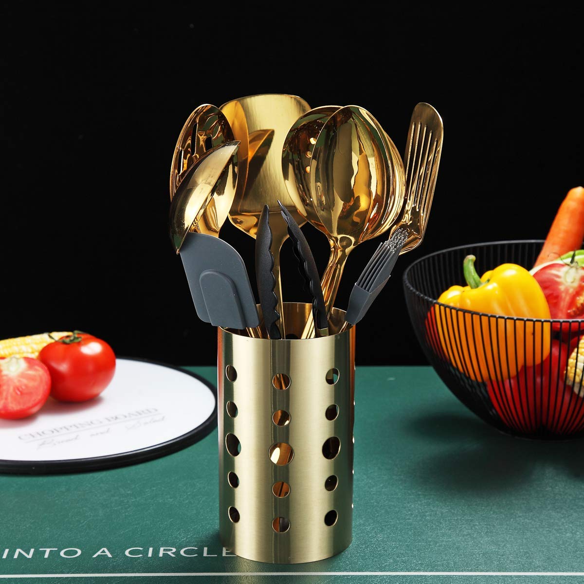 Premium 13-Piece Gold Plated Stainless Steel Kitchen Utensil Set by Berglander - Nonstick Cooking Tools with Holder, Dishwasher Safe & Easy to Clean - Perfect for Baking, Frying, and Everyday Cooking