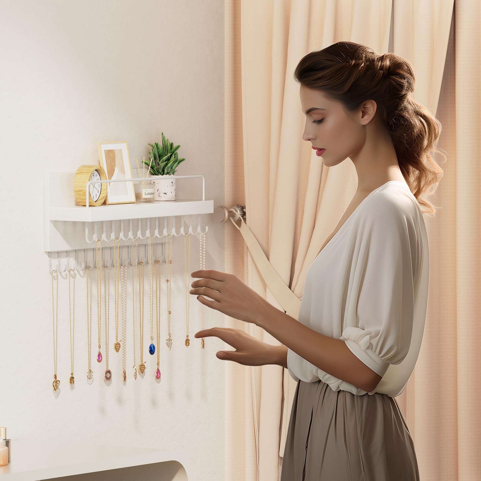 Lolalet Wooden Wall Mounted Necklace Holder with 28 Hooks & Perfume Shelf - Jewelry Organizer for Necklaces, Bracelets & Accessories - Perfect for Bedroom, Bathroom & Closet Organization (White)
