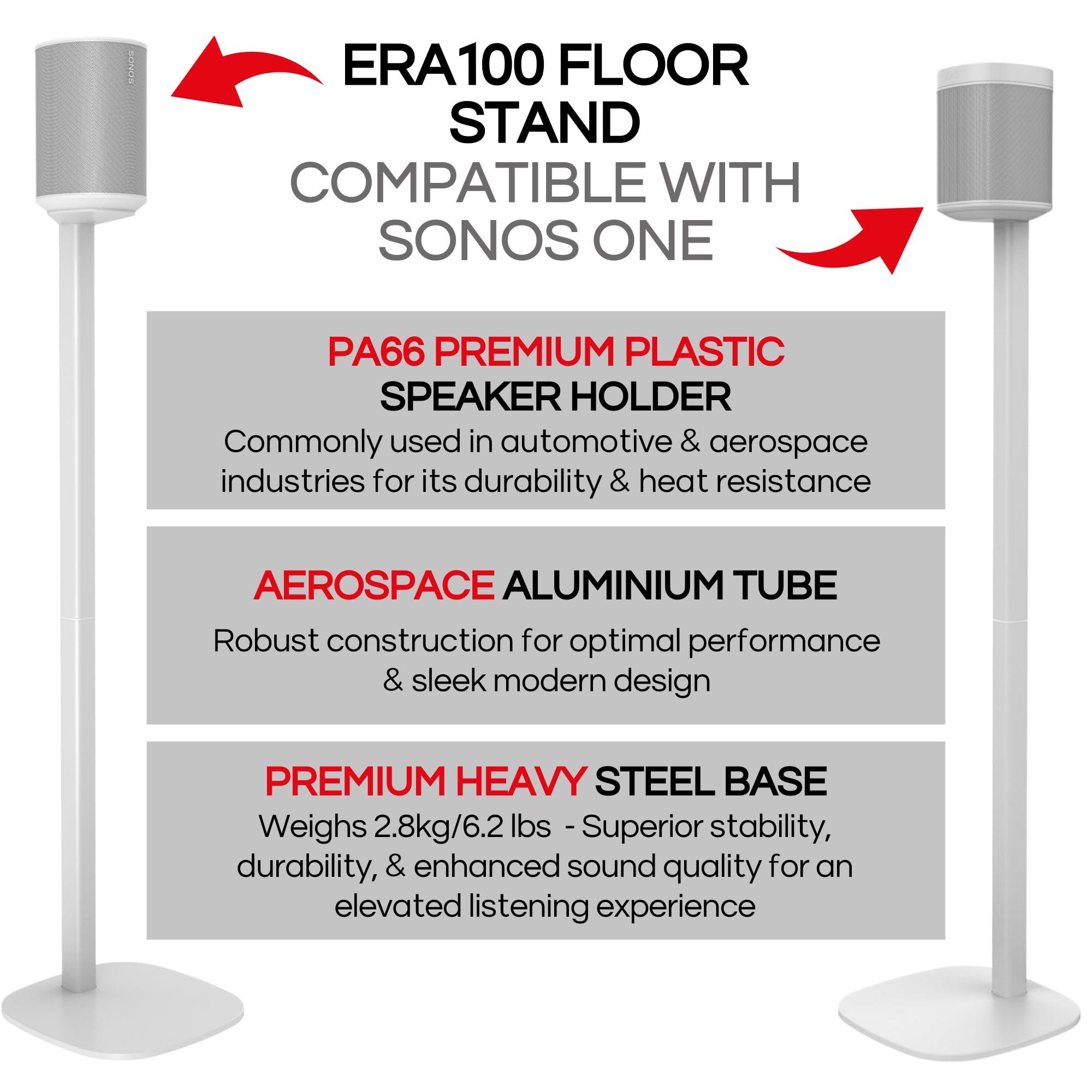 Sonos ERA 100 Floor Stand Twin Pack (2pcs) - Premium Speaker Stands Compatible with Sonos One & Play 1 - White UK Designed Accessories - Perfect for Living Room, Bedroom & Home Theater Setup