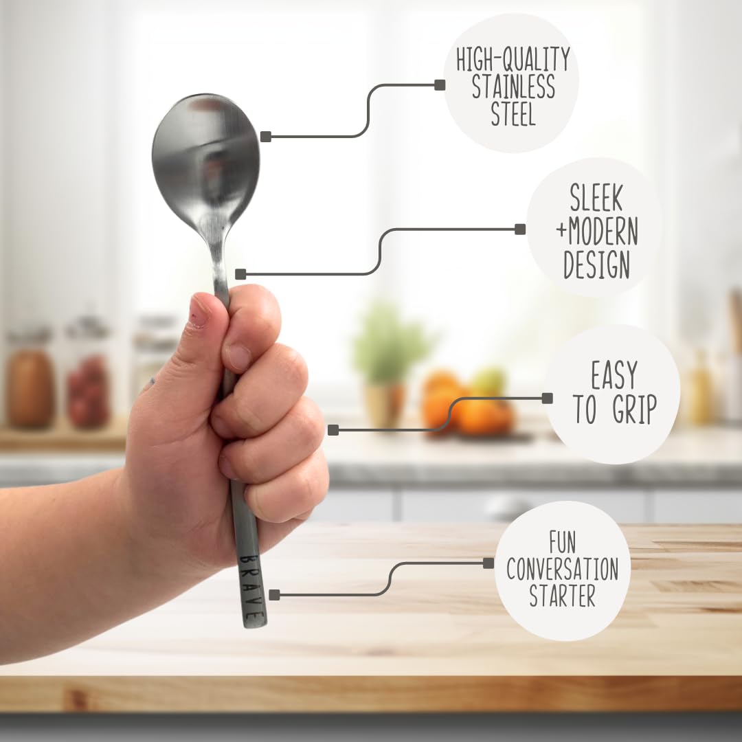**Stainless Steel Toddler Spoons & Forks Set - 4pc Self-Feeding Utensils for Kids Ages 2-6 | Engraved with Motivational Words to Encourage Healthy Eating | Perfect for Home, School & Travel**