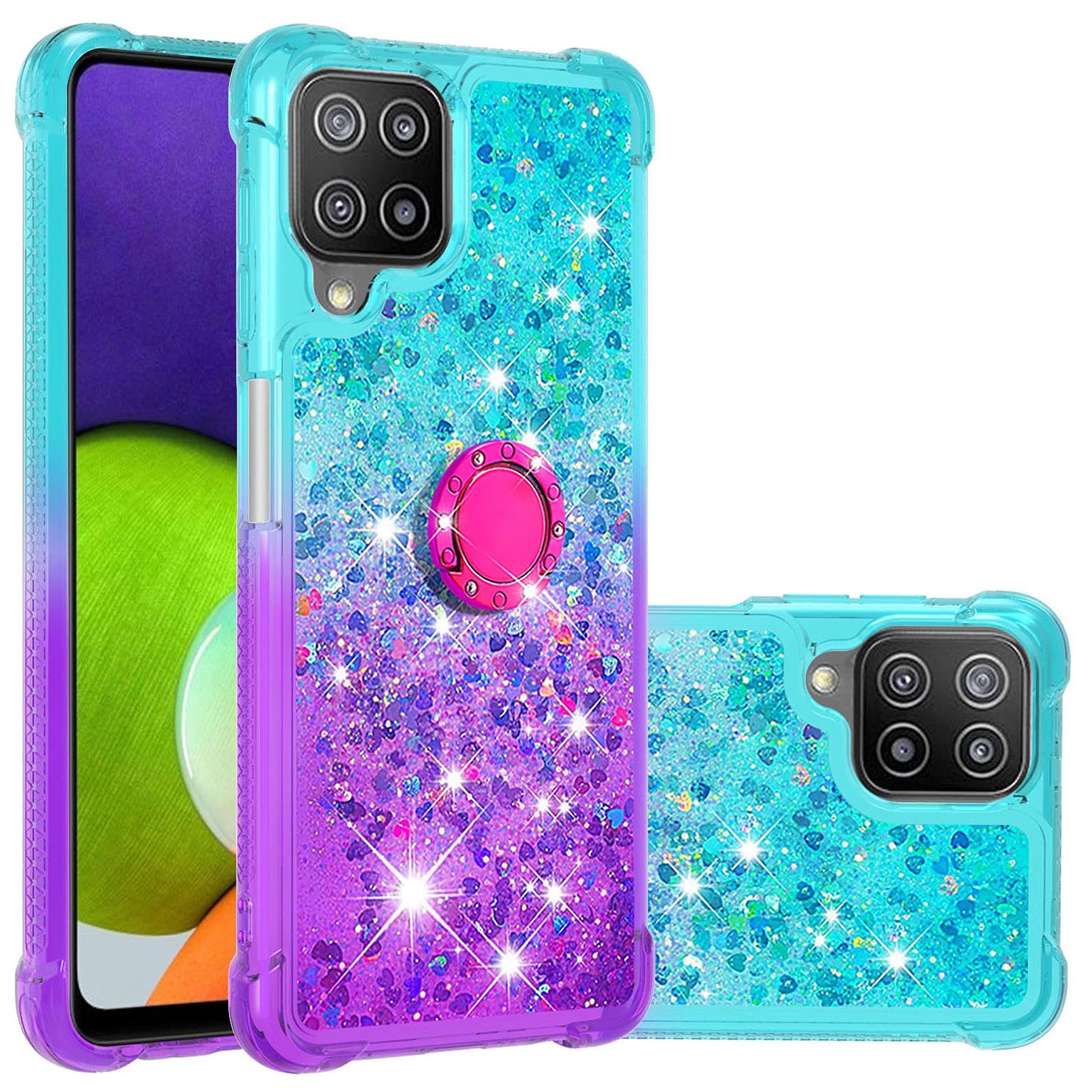 Samsung Galaxy A22 4G Case with Ring Holder - Clear Gradient Quicksand Glitter Floating Liquid TPU Phone Cover (Bluish Violet) | Shockproof Protective Case for Everyday Use, Work & Travel