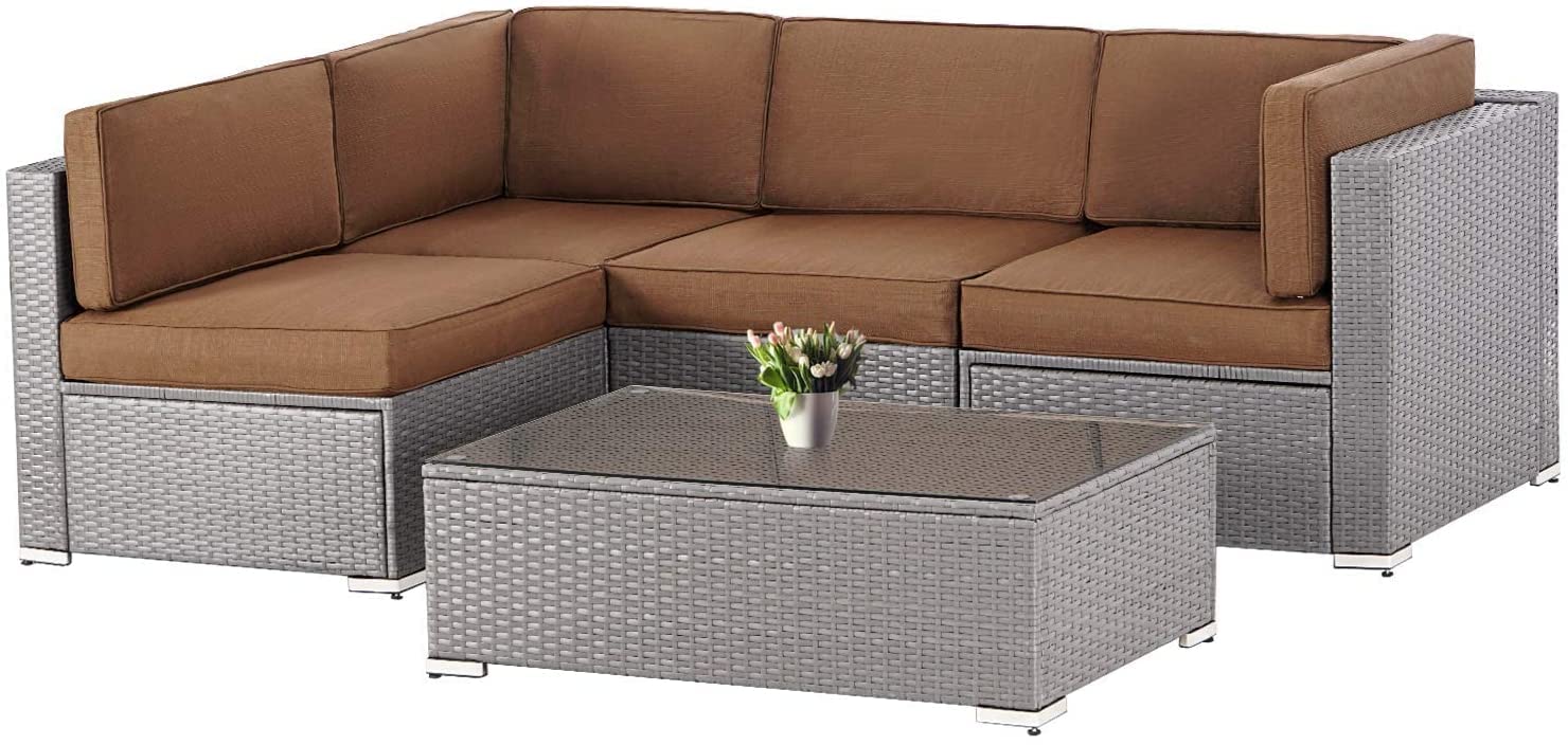 5-Piece All-Weather Outdoor Patio Furniture Set - Grey Wicker Sectional Sofa with Glass Coffee Table & Coffee Brown Cushions - Perfect for Backyard, Garden, Poolside & Patio Relaxation