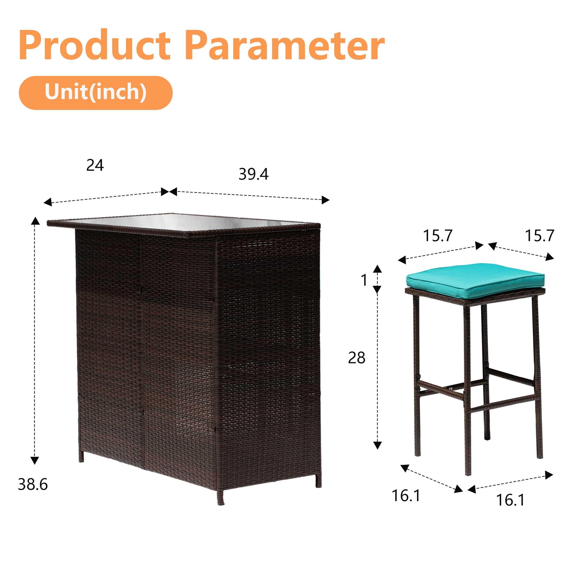 3-Piece Outdoor Bar Set - Wicker Counter Height Table with Glass Top & 2 Bar Stools - Patio, Poolside, Porch Furniture for Indoor/Outdoor Use - Blue Rattan Dining Set Perfect for Backyard Entertaining & Relaxation