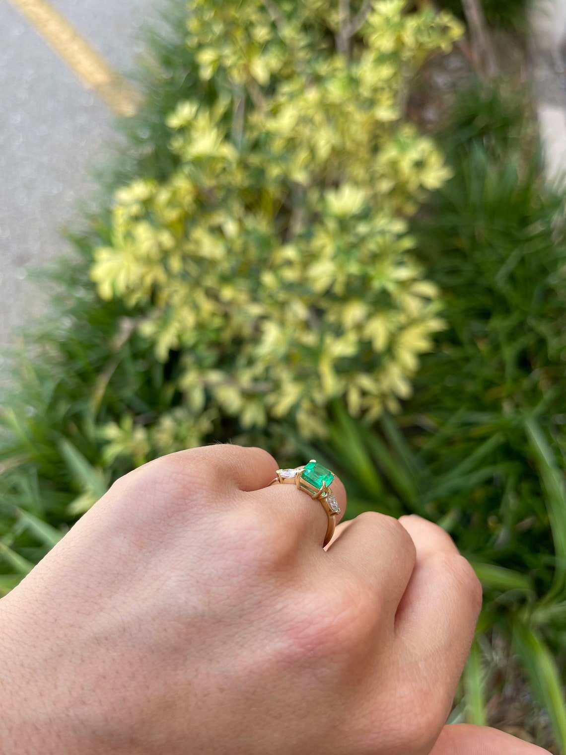 2.27tcw Three Stone Emerald & Marquise Diamond Ring 18K White Gold - Elegant Wedding Band, Anniversary Gift for Her, Perfect for Engagement, Valentine's Day & Special Occasions