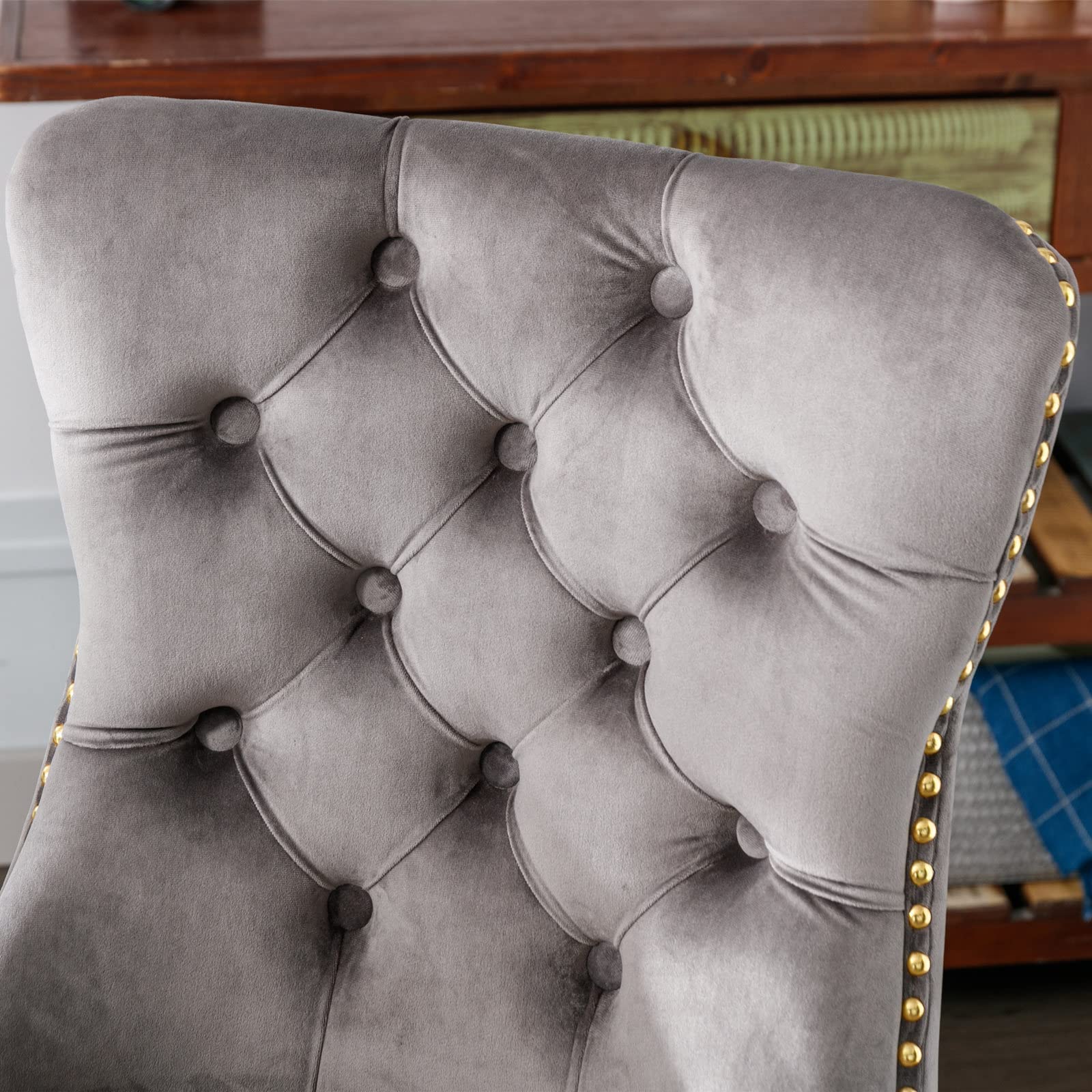 Modern Velvet Upholstered Tufted Button Office Chair - 360° Swivel & 120° Rocking Ergonomic Computer Desk Chair, Armless Task Chair for Home Office, Vanity, Gaming & Study - Gray