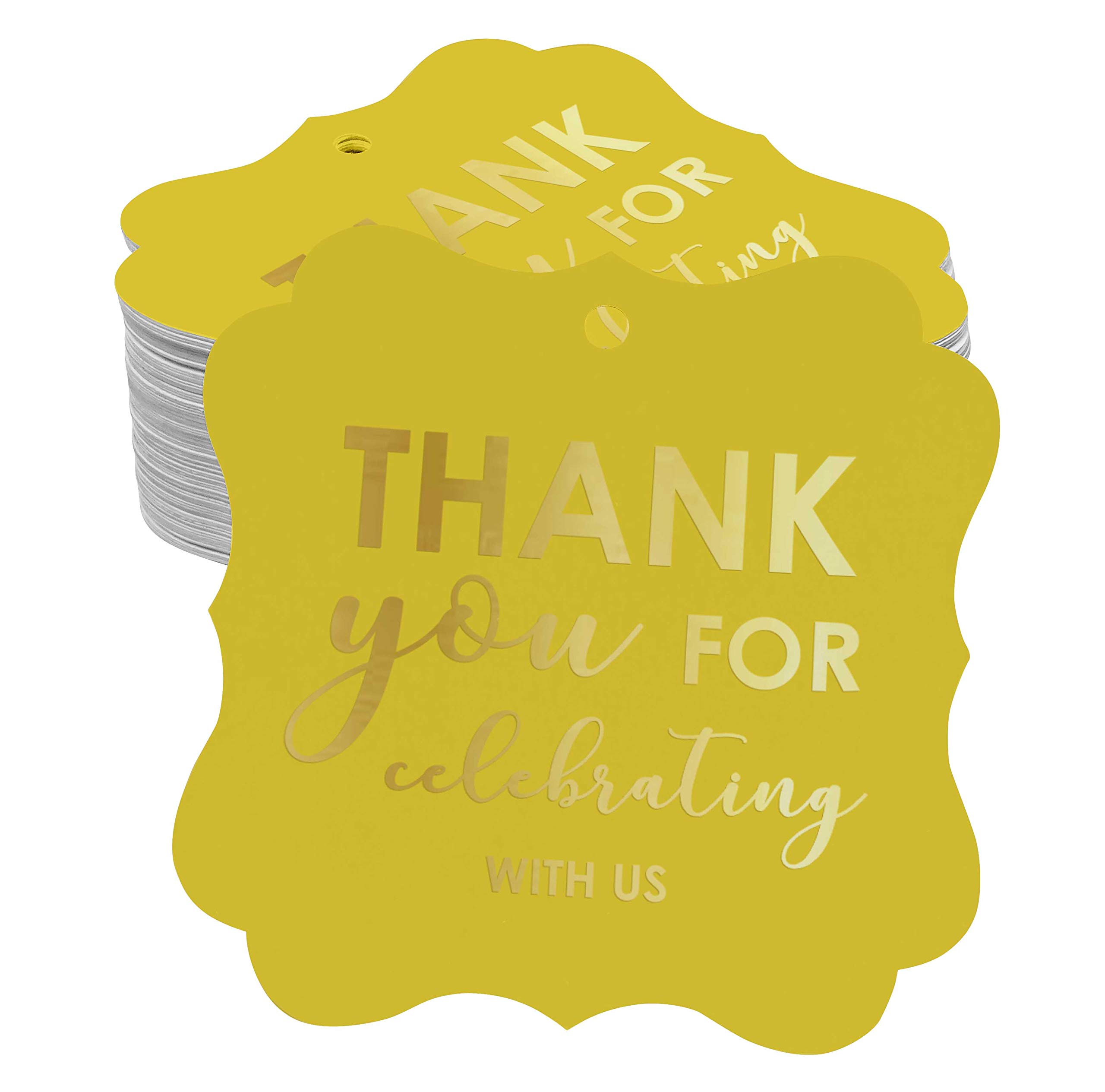 Elegant Gold Foil Hang Tags for Bridal Showers, Baby Showers, Weddings & Birthdays - Thank You Gift Tags with Bracket Shape - Pack of 100 - Perfect for Party Favors, Bonbonnieres & Celebration Decorations