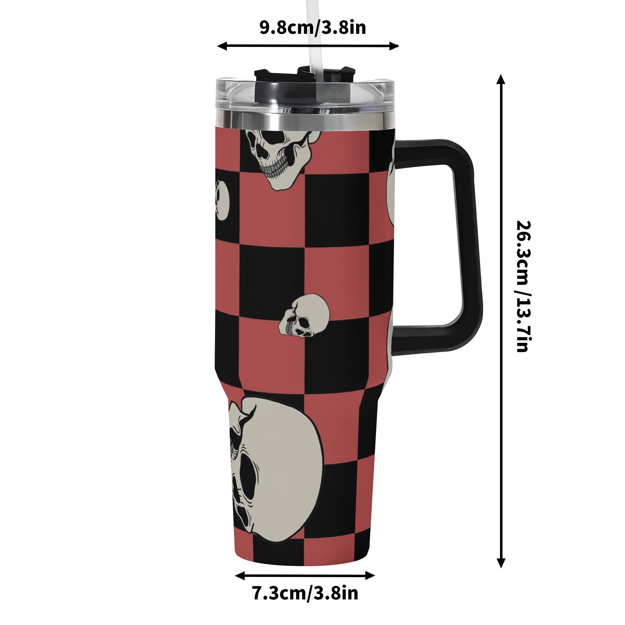 Checkers and Skulls 40 oz Insulated Tumbler with Handle and Straw Lid - Double Wall Stainless Steel Travel Mug for Hot & Cold Drinks - Perfect for Camping, Office, Gym, and Outdoor Adventures