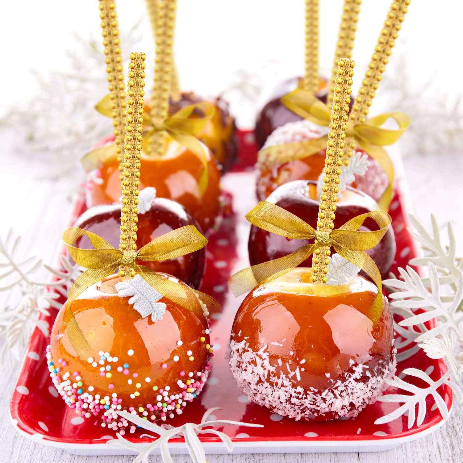 26Pcs Bling Sticks for Candy Apples - Caramel Apple Wooden Skewers with Glass Bags & Glitter Ribbons - Perfect for Chocolate, Fruit, Cake Pops - Great for Party Favors, Wedding Decorations & DIY Dessert Displays