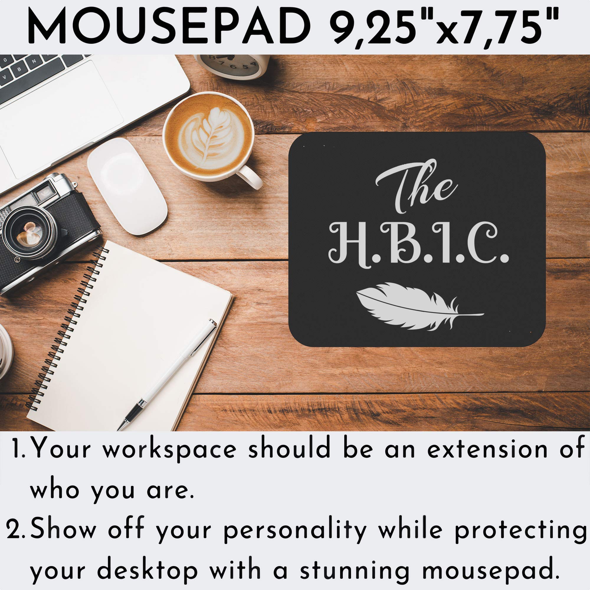 Funny Sarcastic HBIC Mouse Pad - The Head Bitch in Charge Women's Humor Gift - Black Non-Slip Computer Mouse Mat for Office & Gaming Desk Setup