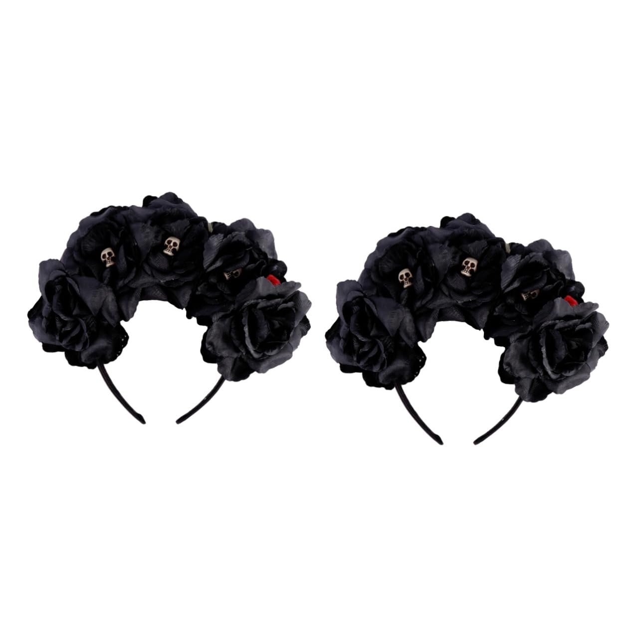 FRCOLOR 2 Pack Mexican Flower Skull Headbands for Girls - Black Floral Hair Hoop with Rose Design - Fashionable Toddler Head Accessories for Halloween, Day of the Dead, Costume Parties and Photo Shoots