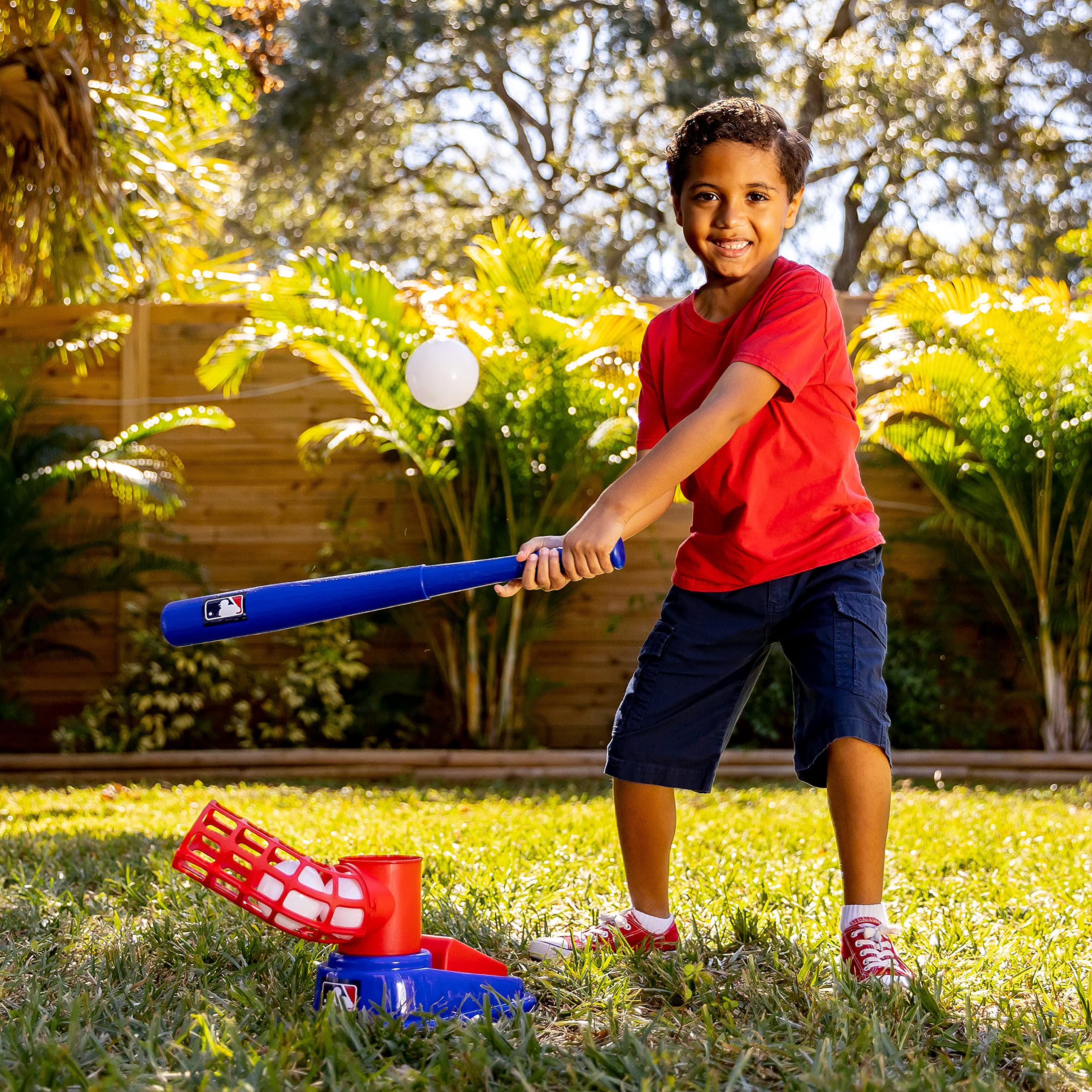 Franklin Sports Kids Baseball Pitching Machine - Pop A Pitch Batting Trainer with Youth Bat & 3 Plastic Balls - Perfect for Backyard Practice, Team Training & Birthday Gifts - Red/Blue Baseball Toy for Boys & Girls