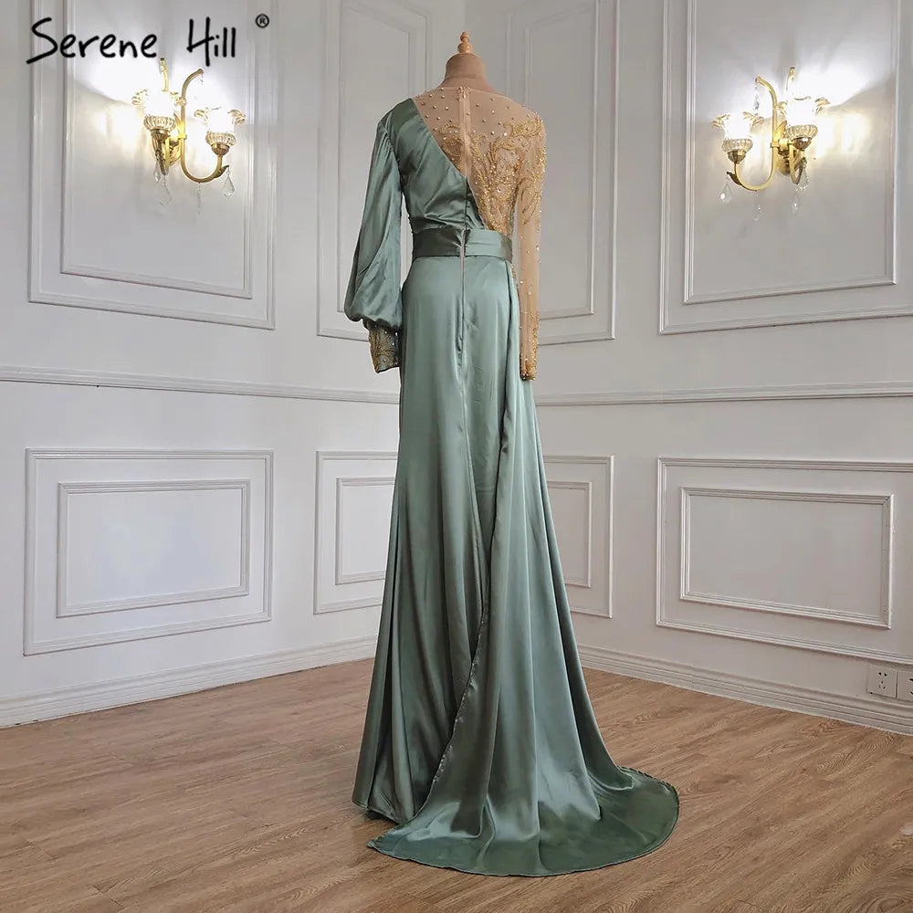 Elegant Beaded Satin Overskirt Evening Dress Gown for Women - Plus Size Muslim Mint Mermaid Style Party Wear (LA71278) | Perfect for Weddings, Prom, and Formal Events