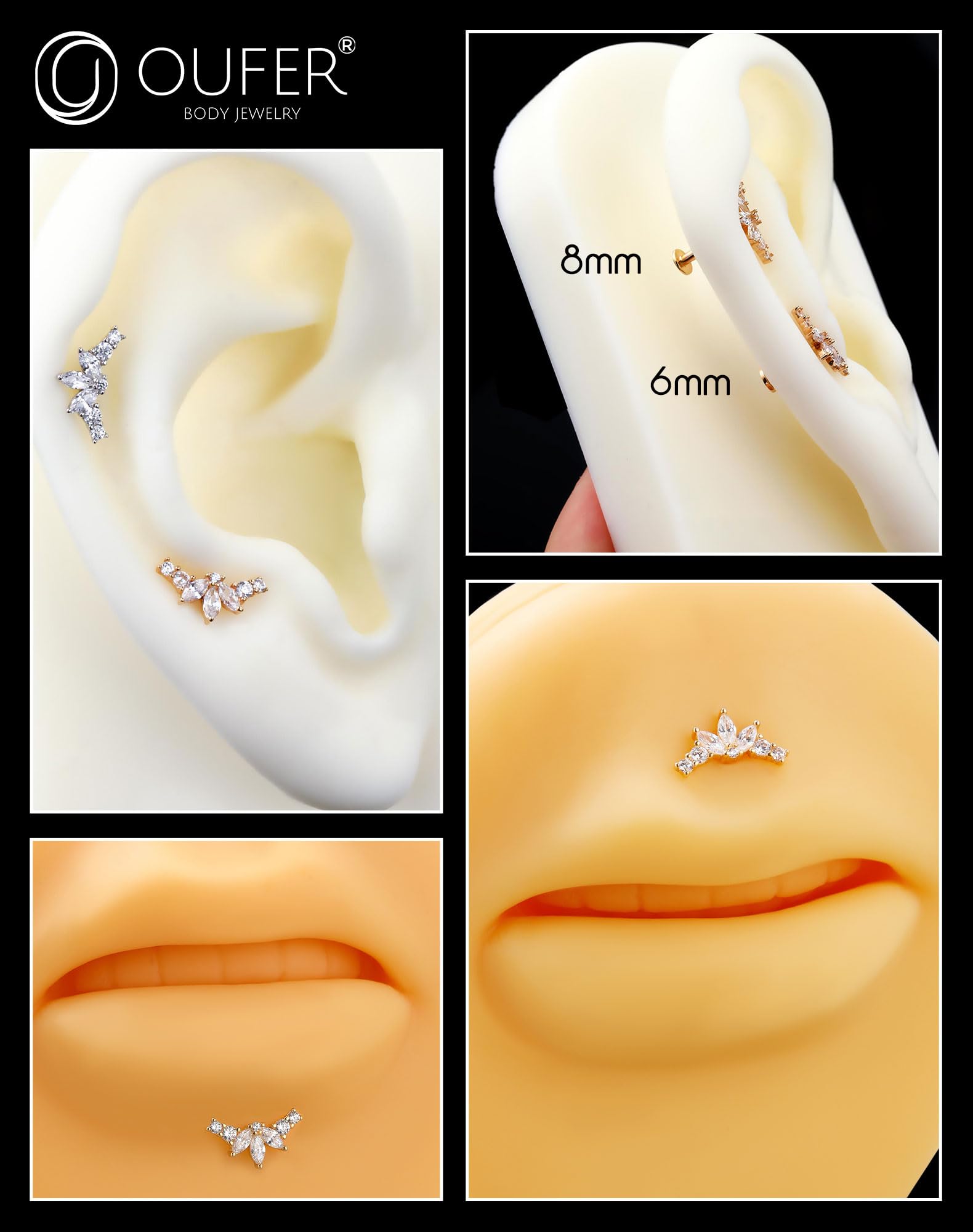 14K Solid Gold Helix Piercing Jewelry - Internally Threaded Cartilage Earrings with Clear CZ, Flat Back Labret Studs for Tragus, Conch & Lobe | Hypoallergenic Body Jewelry for Everyday Wear & Special Occasions