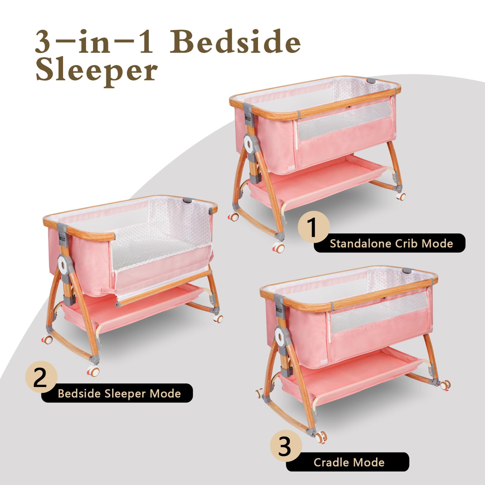 Adjustable Baby Bassinet with Wheels & Mosquito Net - 6 Height Settings, 3-in-1 Portable Bedside Sleeper Crib for Newborns, Infants & Toddlers (Pink) - Perfect for Nursery, Bedroom & Travel Use